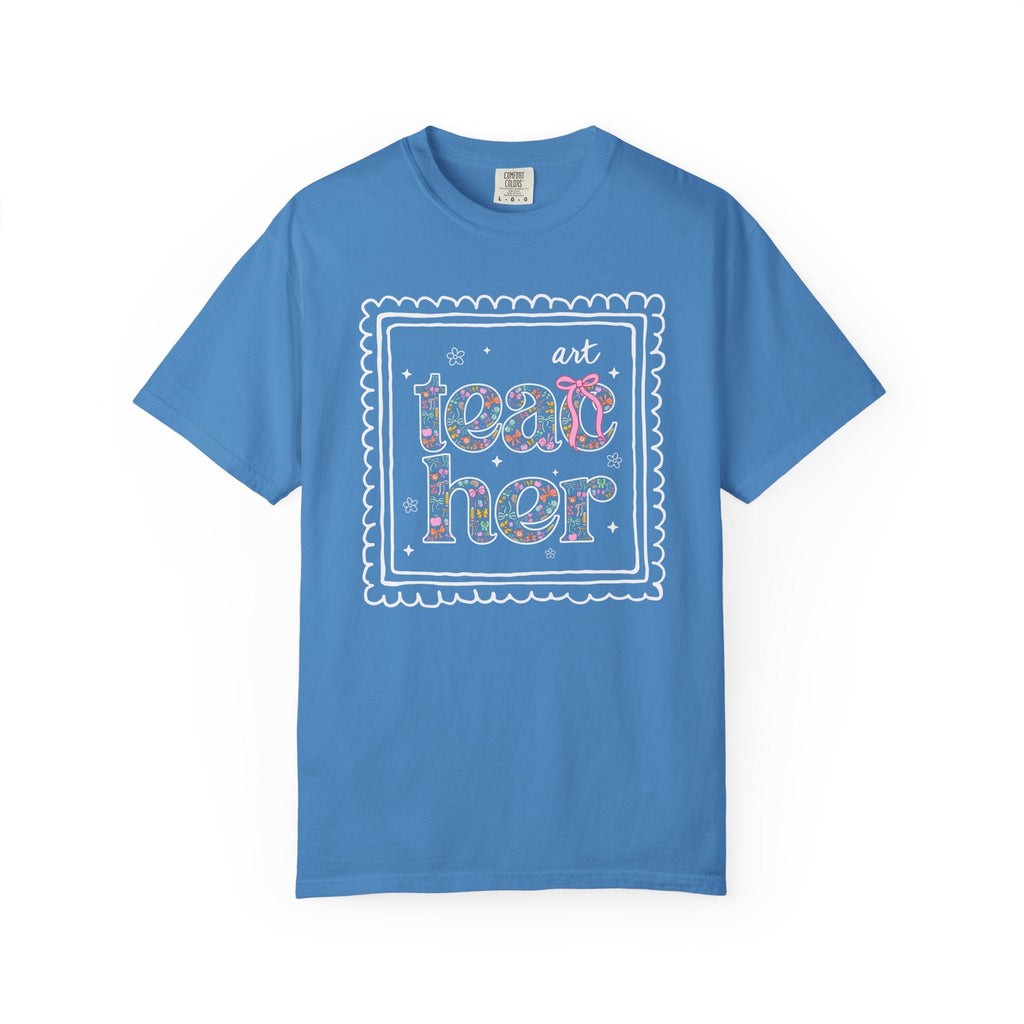 Colorful Art Teacher Tee Shirt for Back to School, Cute Floral Matching Art Department T-Shirt with Bow, Cute Nineties Aesthetic Doodles - Opal and June