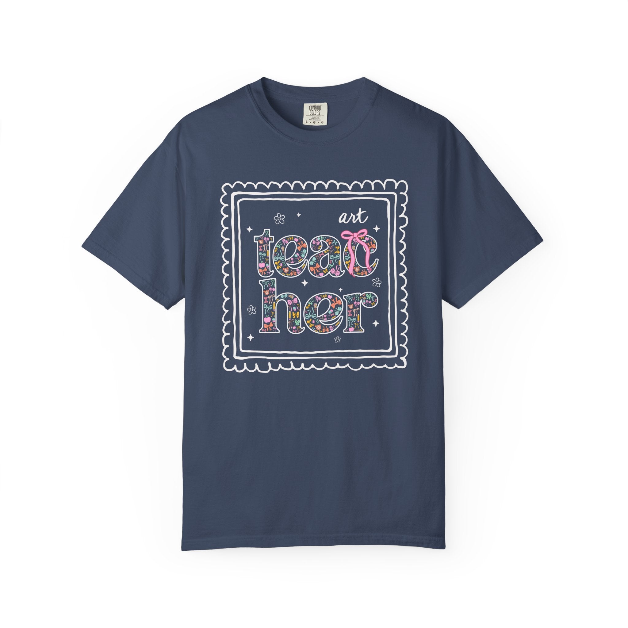 Colorful Art Teacher Tee Shirt for Back to School, Cute Floral Matching Art Department T-Shirt with Bow, Cute Nineties Aesthetic Doodles - Opal and June