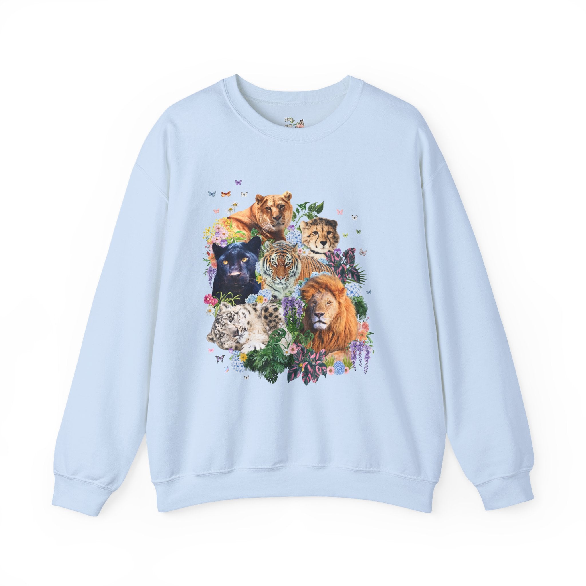 Colorful Big Cat Animal Lover Sweatshirt, Wild Nineties Throwback Collage Art Shirt, Trip to Zoo, Lion Tiger Liger Shirt with Snow Leopard - Opal and June