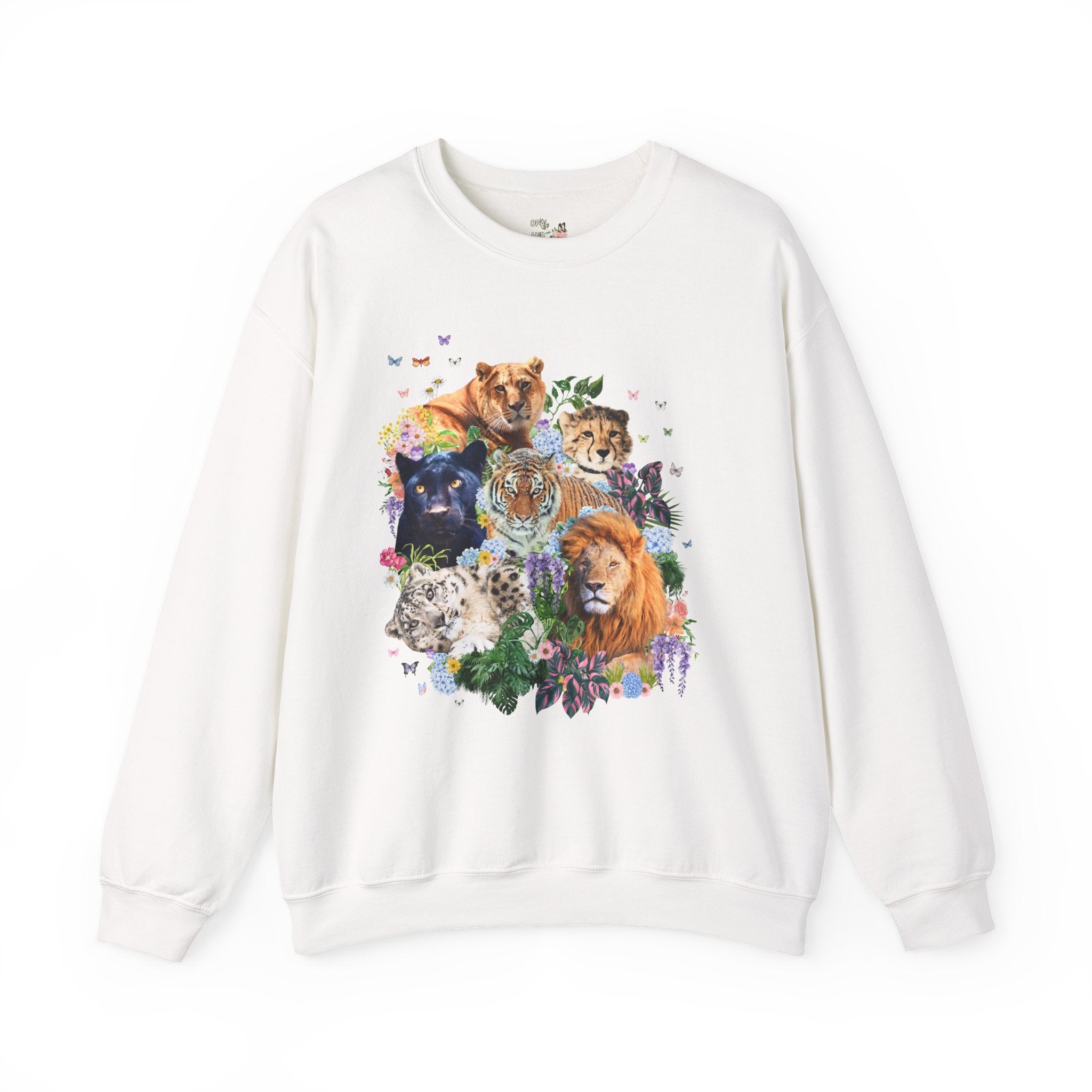 Colorful Big Cat Animal Lover Sweatshirt, Wild Nineties Throwback Collage Art Shirt, Trip to Zoo, Lion Tiger Liger Shirt with Snow Leopard - Opal and June