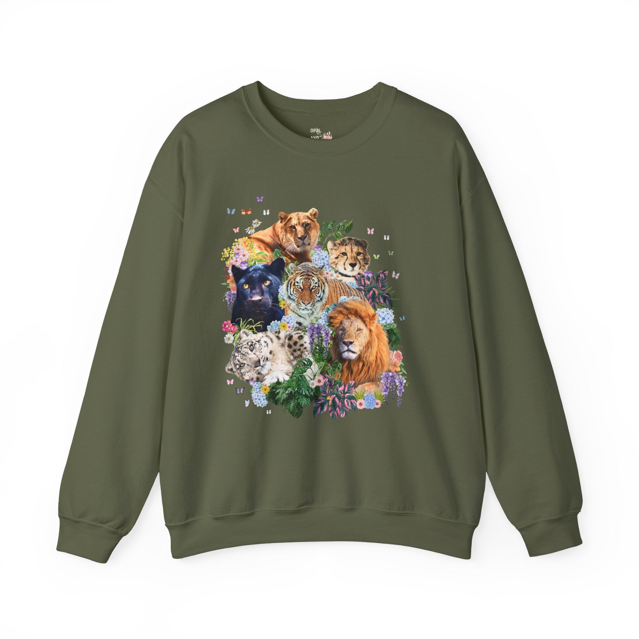 Colorful Big Cat Animal Lover Sweatshirt, Wild Nineties Throwback Collage Art Shirt, Trip to Zoo, Lion Tiger Liger Shirt with Snow Leopard - Opal and June