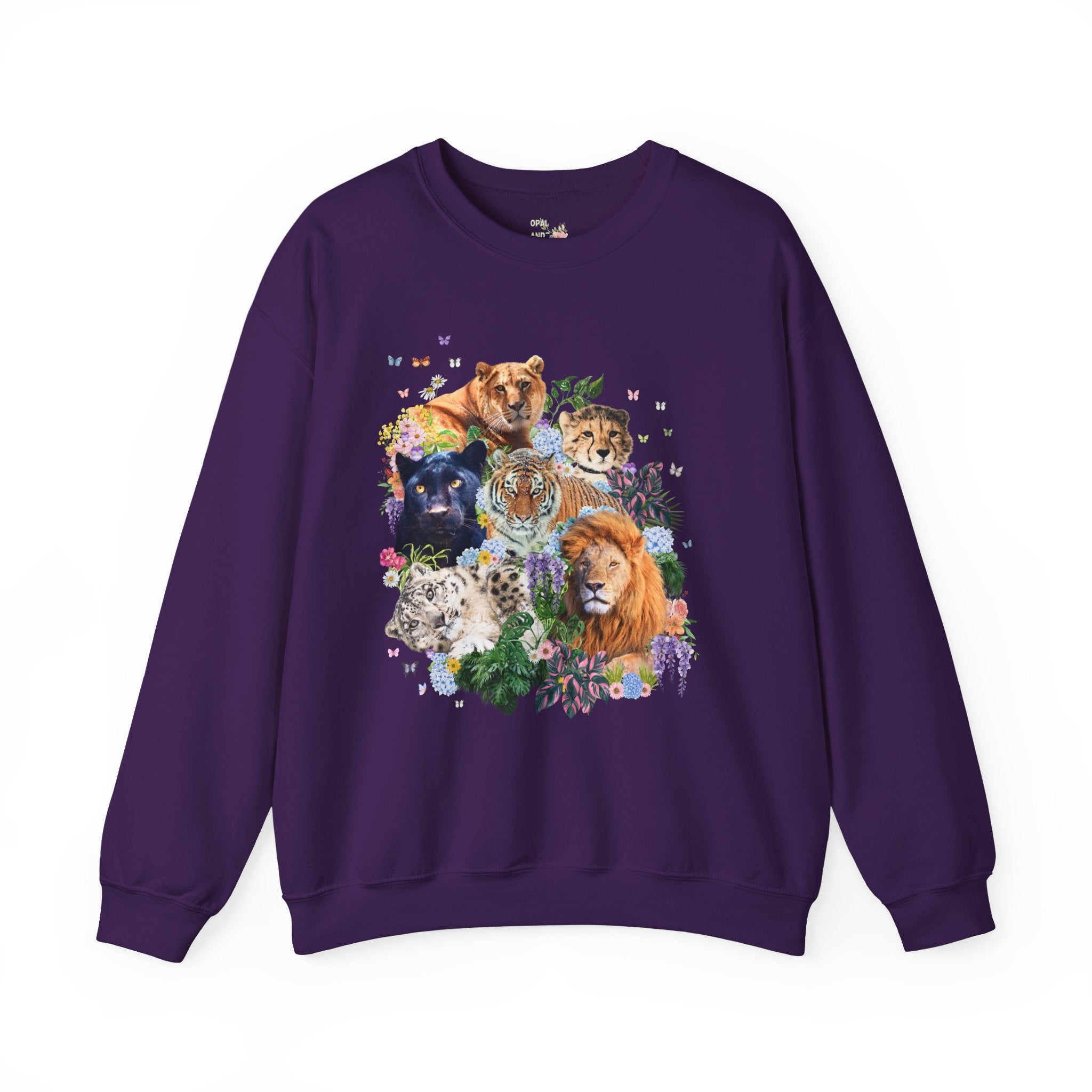Colorful Big Cat Animal Lover Sweatshirt, Wild Nineties Throwback Collage Art Shirt, Trip to Zoo, Lion Tiger Liger Shirt with Snow Leopard - Opal and June