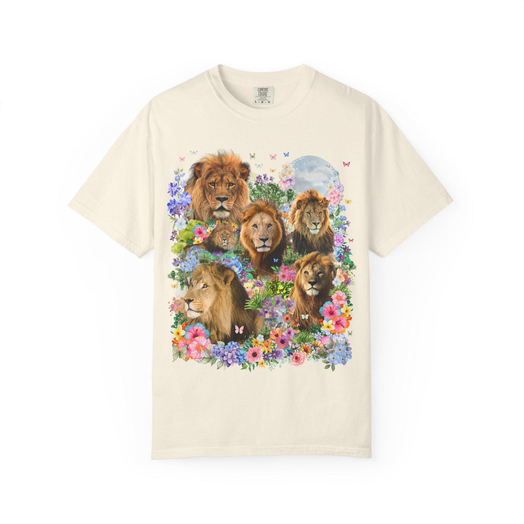 Colorful Big Cat Animal Lover Tee Shirt: Lions in Flowers, Wild Nineties Throwback Tee for Trip to Zoo, Floral Dreamcore Butterfly T-Shirt - Opal and June
