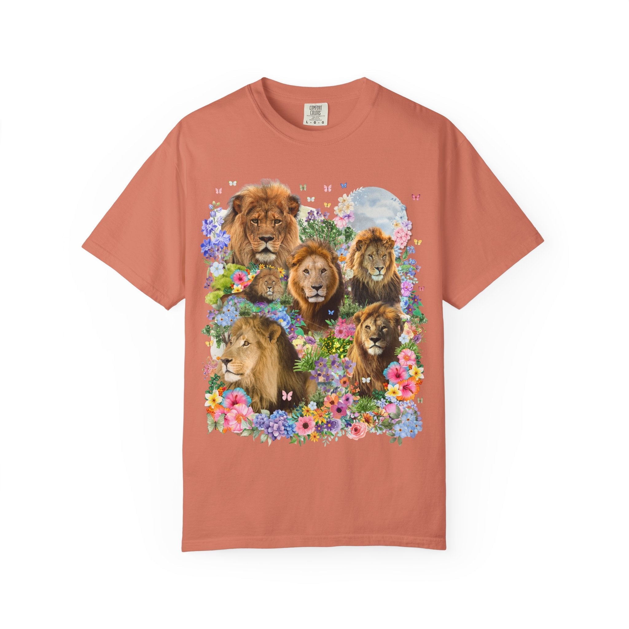 Colorful Big Cat Animal Lover Tee Shirt: Lions in Flowers, Wild Nineties Throwback Tee for Trip to Zoo, Floral Dreamcore Butterfly T-Shirt - Opal and June