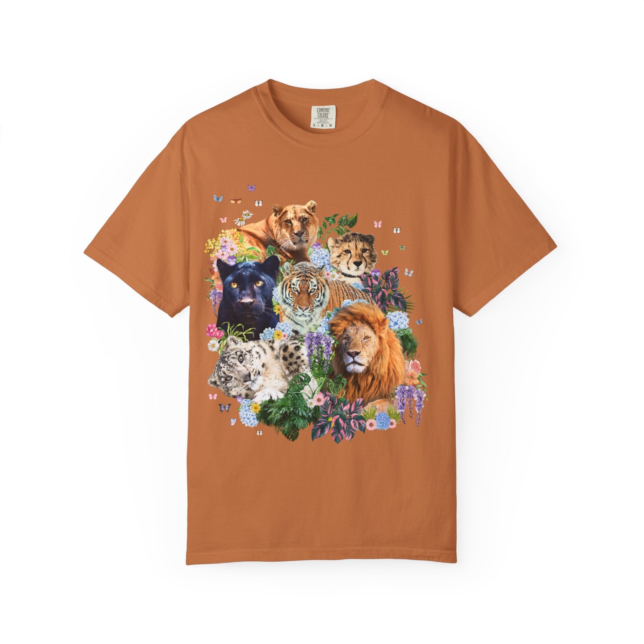 Colorful Big Cat Animal Lover Tee Shirt, Wild Nineties Throwback Collage Art T-Shirt for Trip to Zoo, Lion Tiger Liger Tee with Snow Leopard - Opal and June