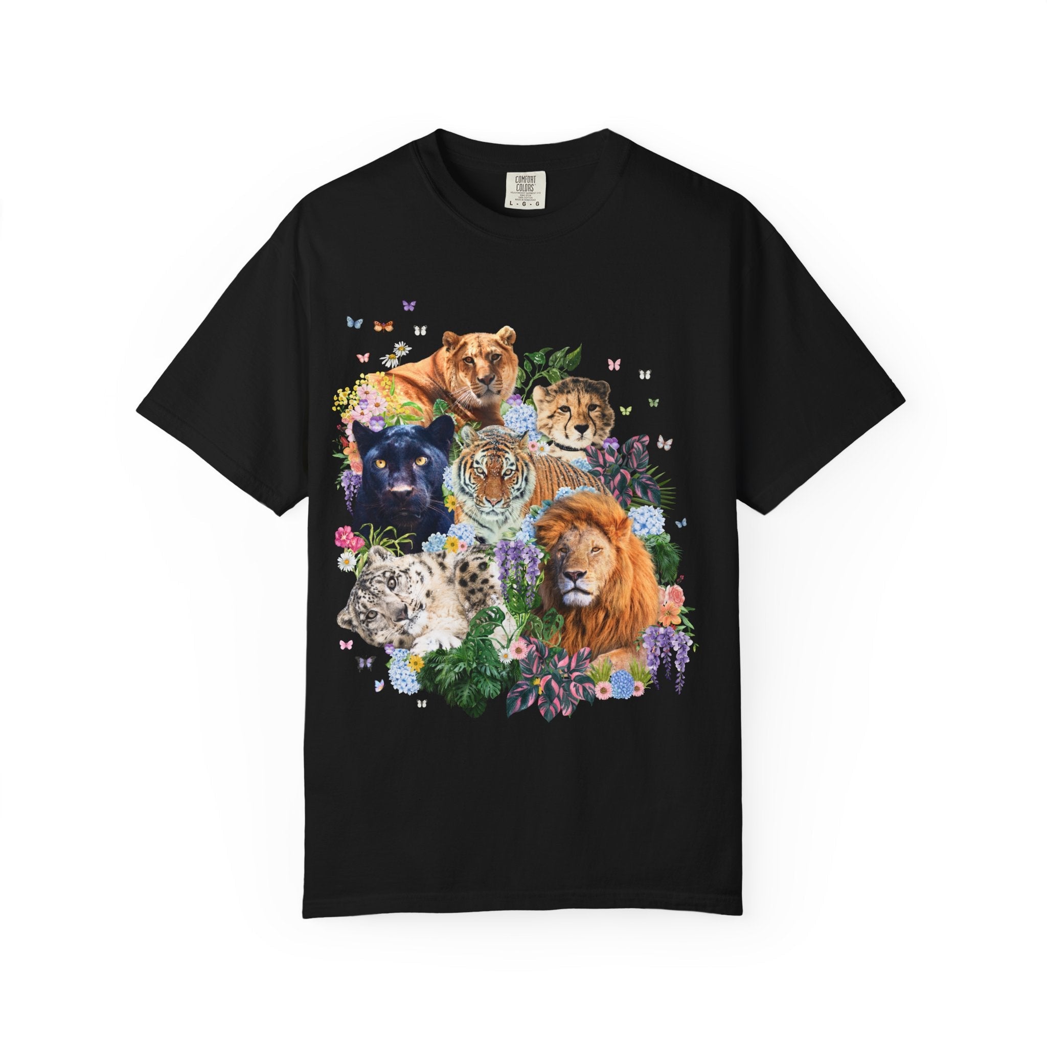 Colorful Big Cat Animal Lover Tee Shirt, Wild Nineties Throwback Collage Art T-Shirt for Trip to Zoo, Lion Tiger Liger Tee with Snow Leopard - Opal and June