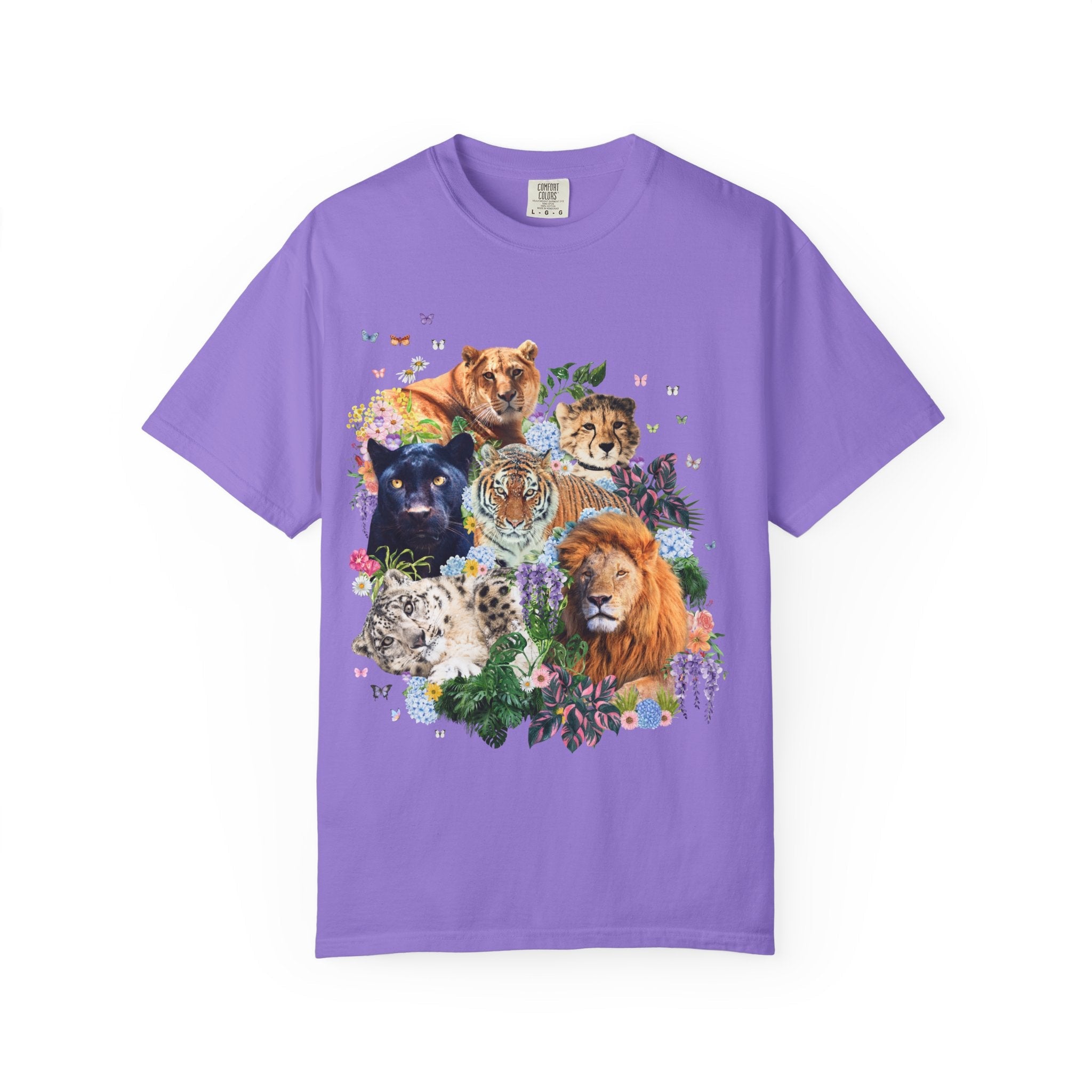 Colorful Big Cat Animal Lover Tee Shirt, Wild Nineties Throwback Collage Art T-Shirt for Trip to Zoo, Lion Tiger Liger Tee with Snow Leopard - Opal and June