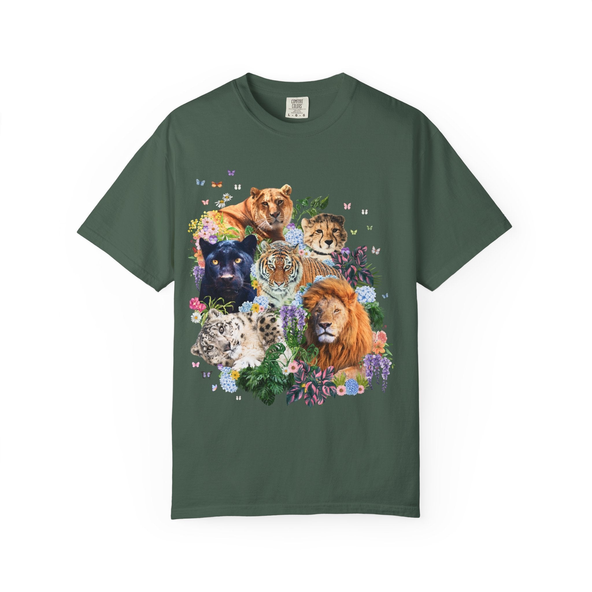 Colorful Big Cat Animal Lover Tee Shirt, Wild Nineties Throwback Collage Art T-Shirt for Trip to Zoo, Lion Tiger Liger Tee with Snow Leopard - Opal and June