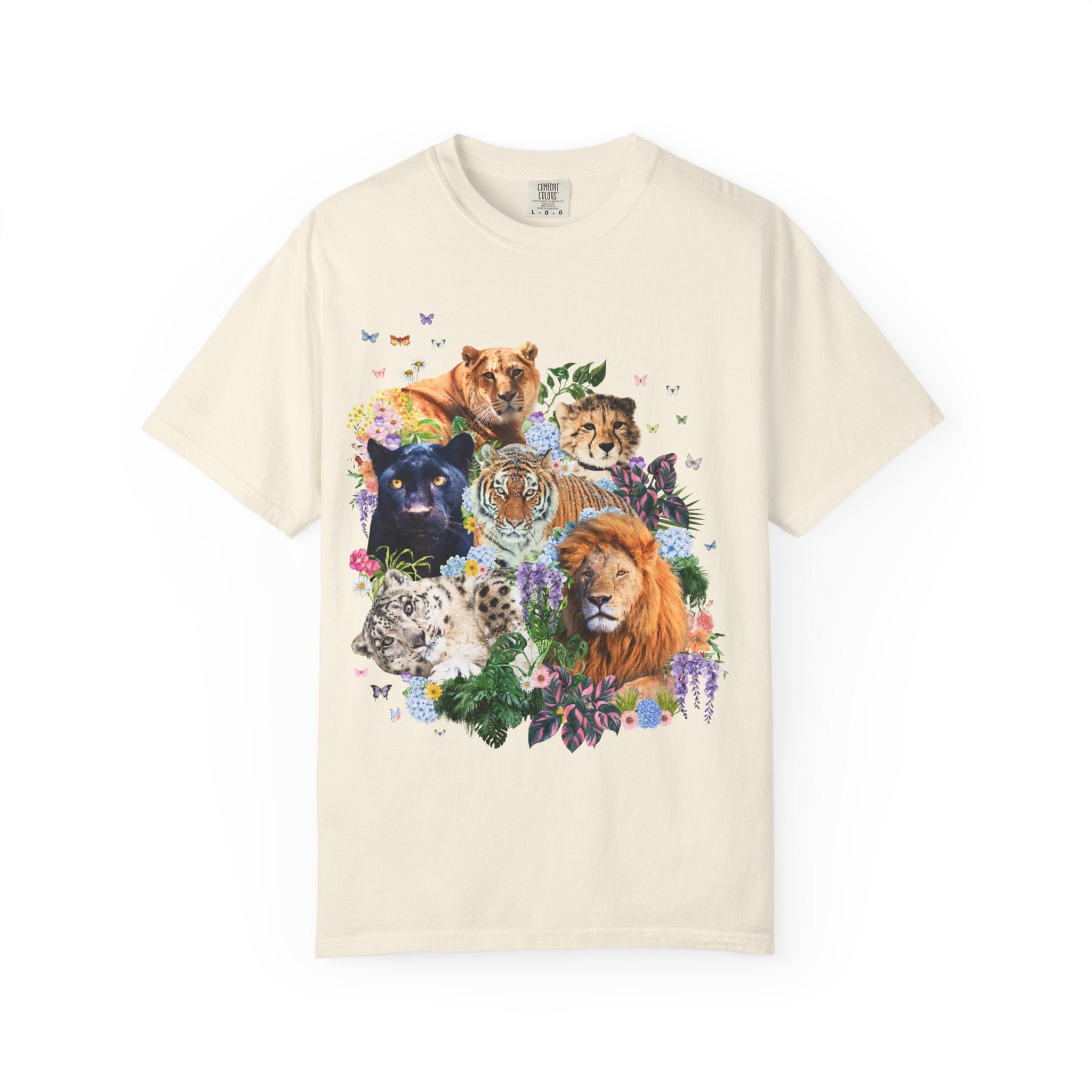 Colorful Big Cat Animal Lover Tee Shirt, Wild Nineties Throwback Collage Art T-Shirt for Trip to Zoo, Lion Tiger Liger Tee with Snow Leopard - Opal and June