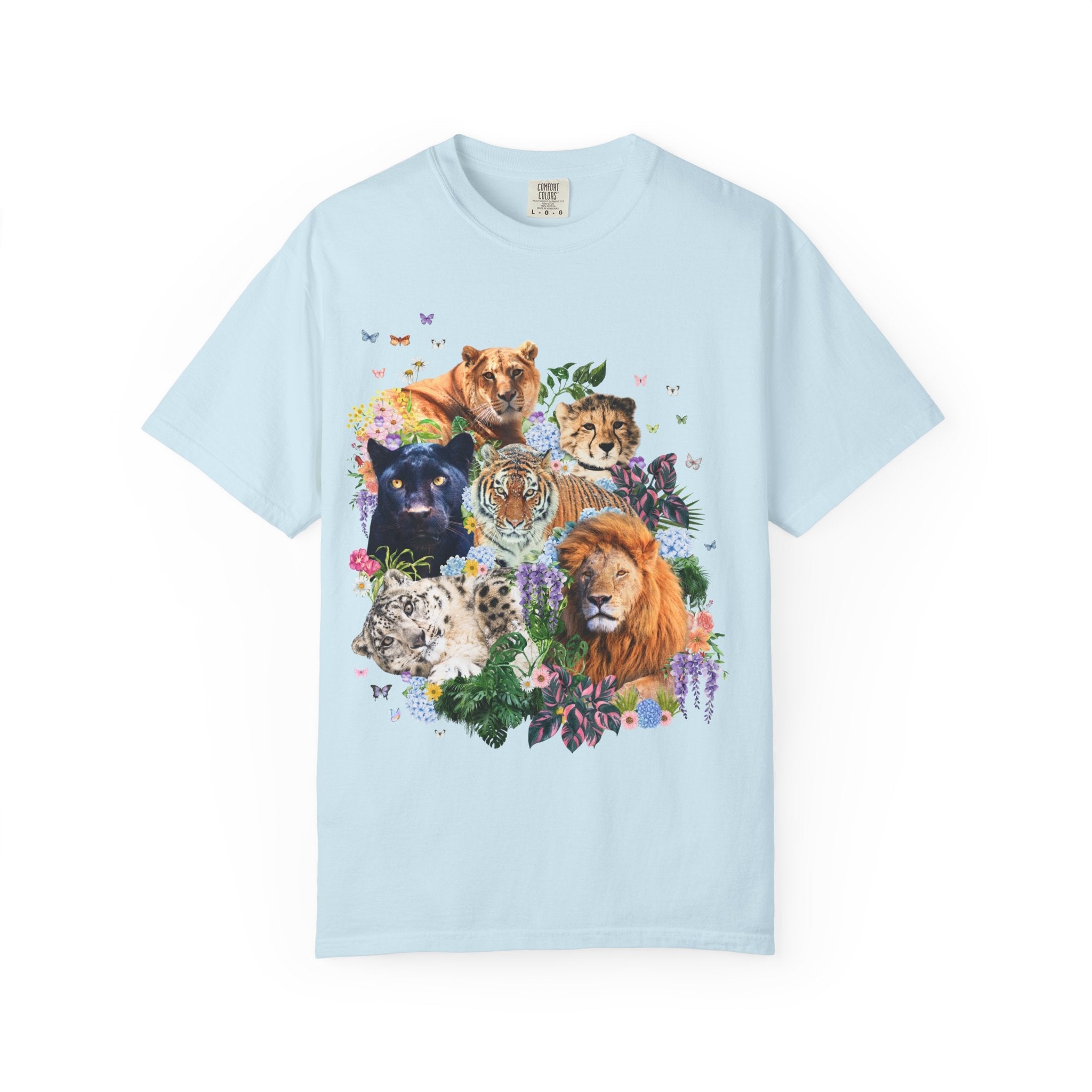 Colorful Big Cat Animal Lover Tee Shirt, Wild Nineties Throwback Collage Art T-Shirt for Trip to Zoo, Lion Tiger Liger Tee with Snow Leopard - Opal and June