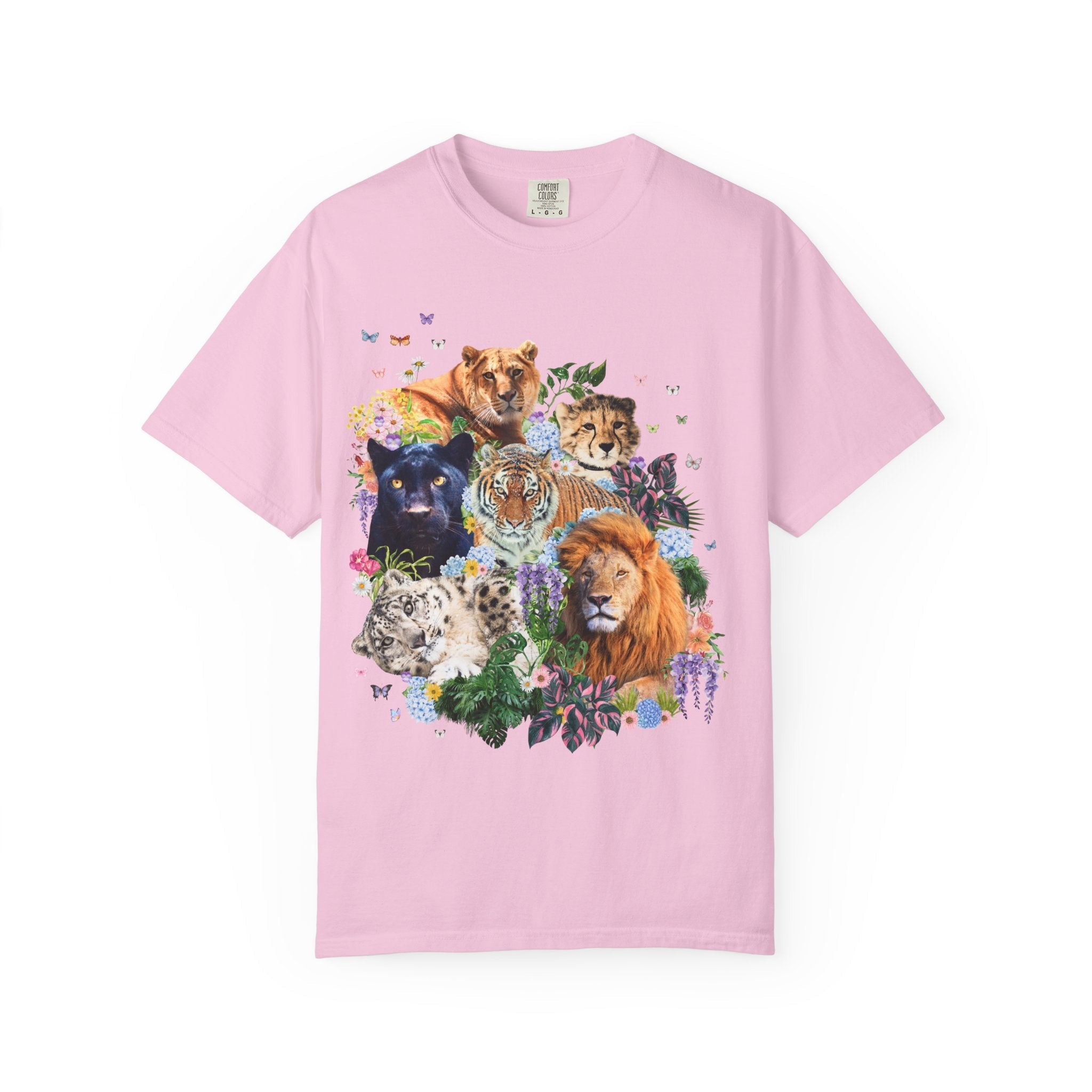 Colorful Big Cat Animal Lover Tee Shirt, Wild Nineties Throwback Collage Art T-Shirt for Trip to Zoo, Lion Tiger Liger Tee with Snow Leopard - Opal and June