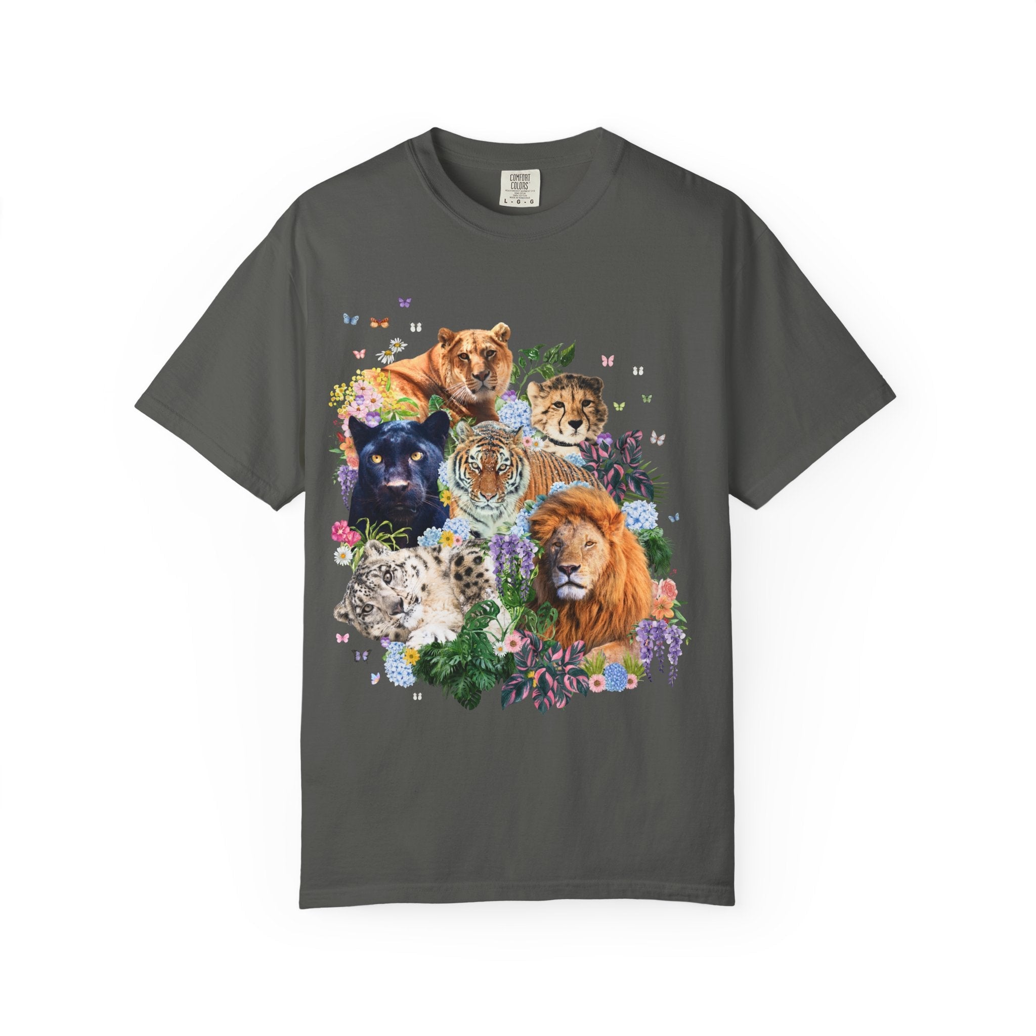 Colorful Big Cat Animal Lover Tee Shirt, Wild Nineties Throwback Collage Art T-Shirt for Trip to Zoo, Lion Tiger Liger Tee with Snow Leopard - Opal and June