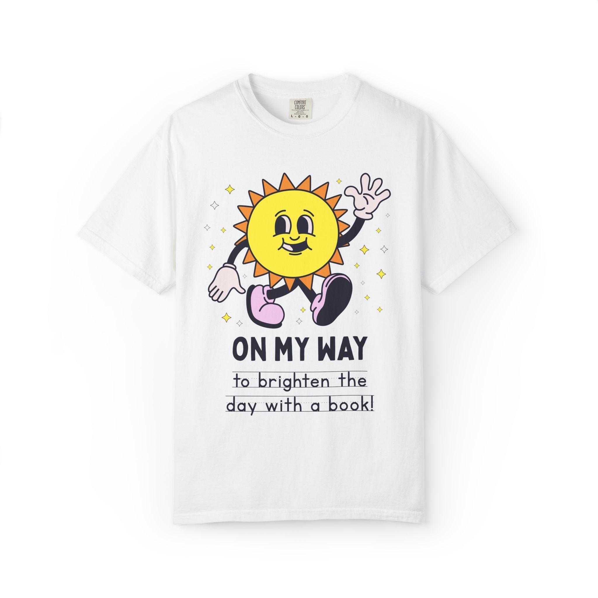 Colorful Book Lover Tee Shirt for School Librarian or Reading Teacher: On My Way to Brighten the Day with a Book, 90s Aesthetic Bookish Tee - Opal and June