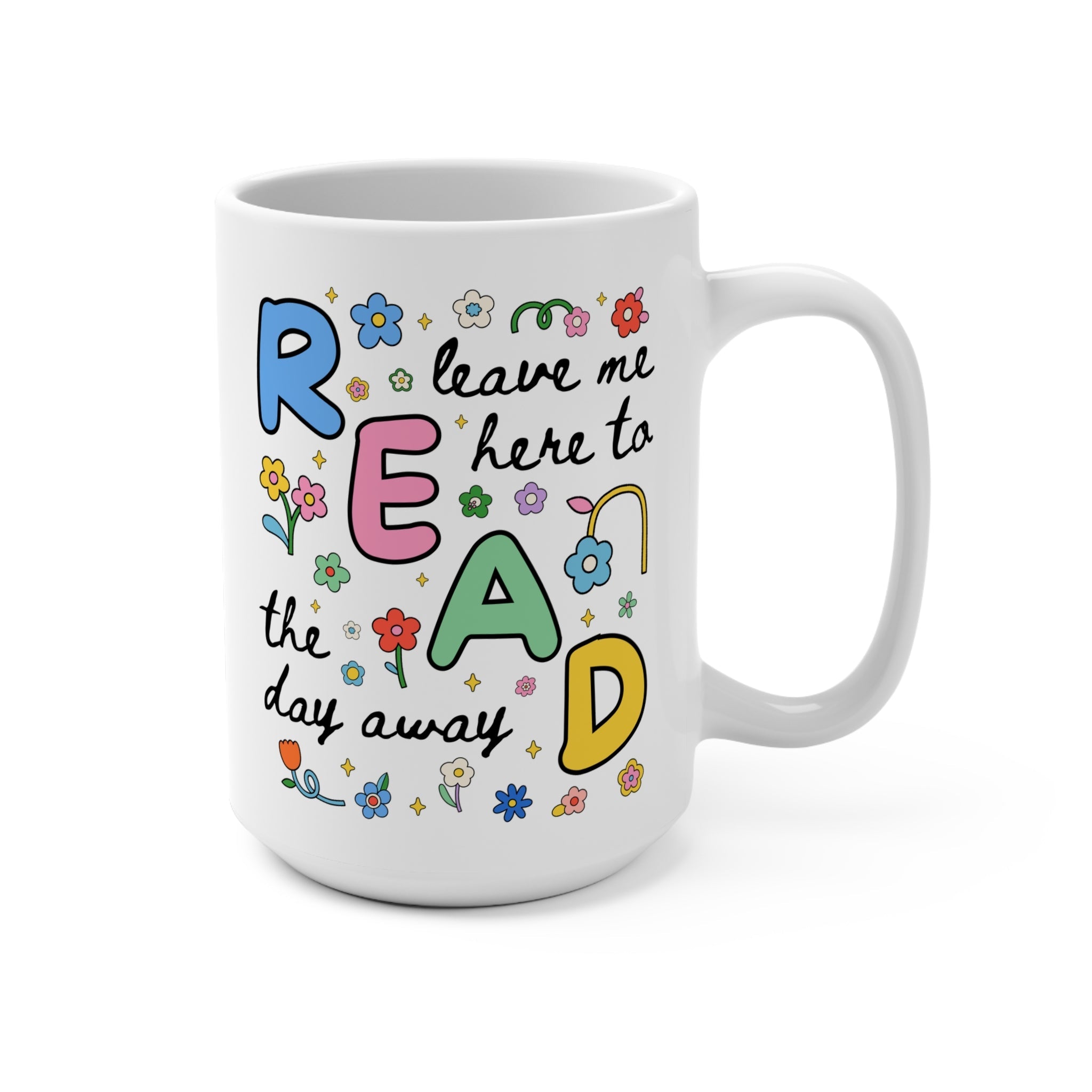 Colorful Bookish Coffee Mug, Book Lover Gift Idea: 15 Oz Mug with Flowers for Bookworm Who Loves Daisies, Romance Reader, Reading Teacher - Opal and June