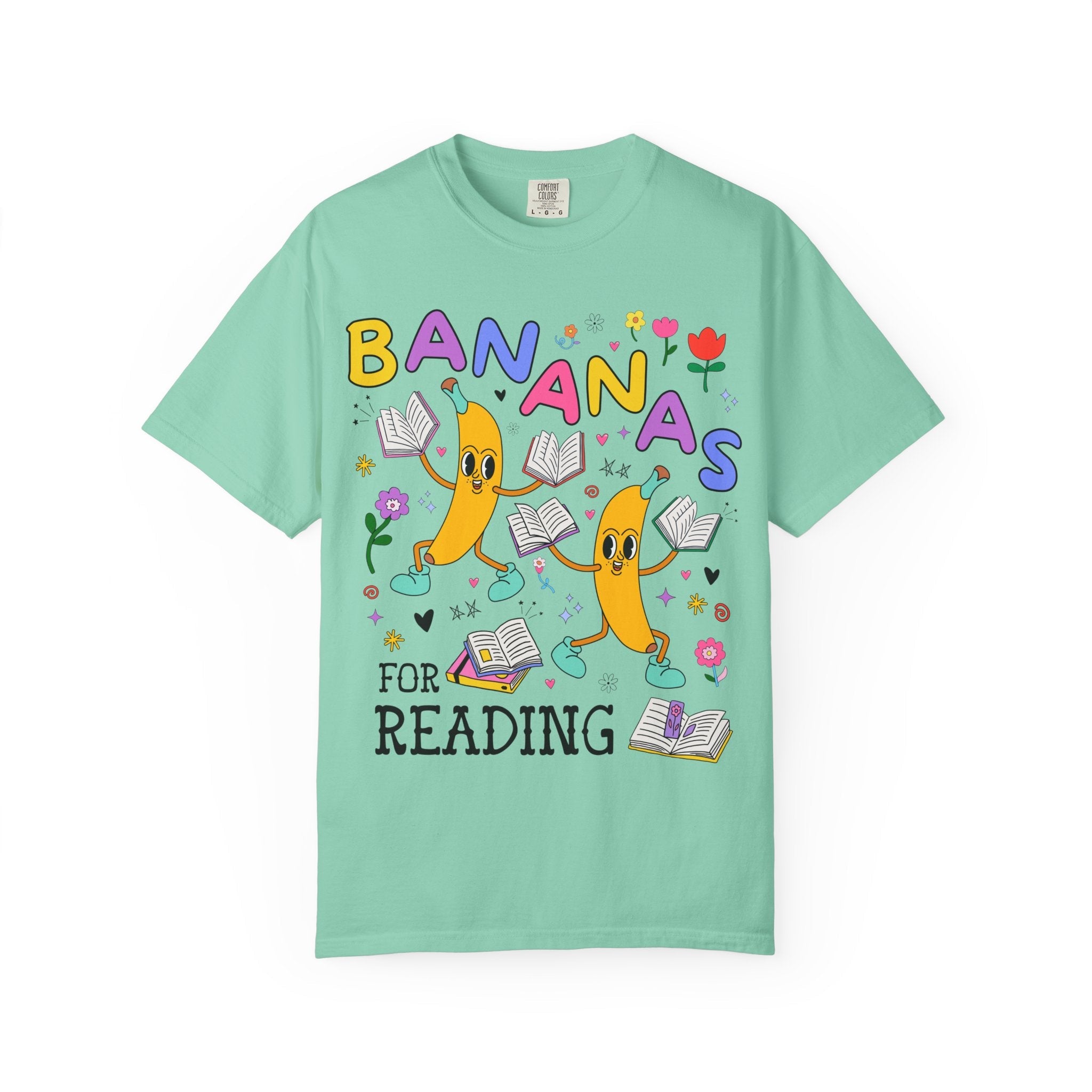 Colorful Bookworm Tee Shirt with Fruit: Bananas for Reading! Funny Saying Book Lover Gift Idea for Romance Reader, Bookish School Librarian - Opal and June