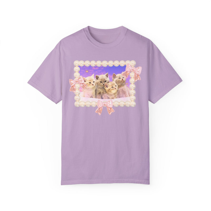 Colorful Cat Lover T-Shirt, Silly Weirdcore Dreamcore Tee with Kittens and Stars, Cute Coquette Bows and Pearls, 90s Throwback Tee for Her - Opal and June
