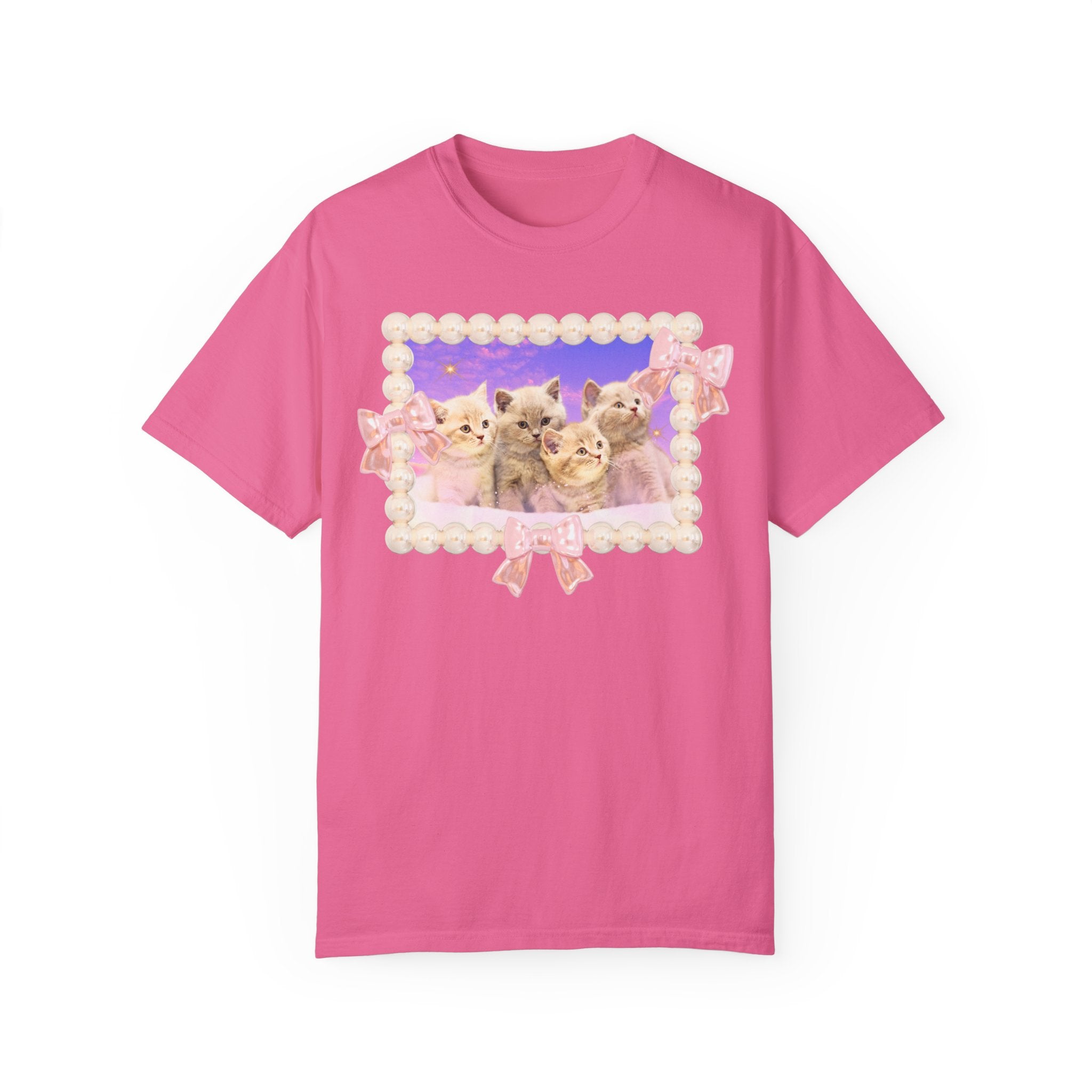 Colorful Cat Lover T-Shirt, Silly Weirdcore Dreamcore Tee with Kittens and Stars, Cute Coquette Bows and Pearls, 90s Throwback Tee for Her - Opal and June