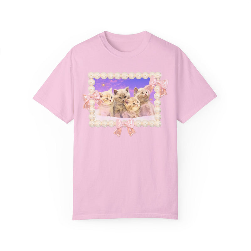 Colorful Cat Lover T-Shirt, Silly Weirdcore Dreamcore Tee with Kittens and Stars, Cute Coquette Bows and Pearls, 90s Throwback Tee for Her - Opal and June