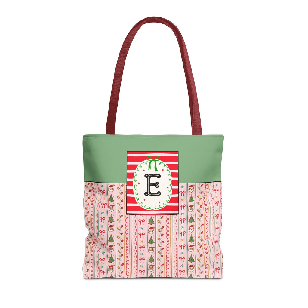 Colorful Christmas Tote Bag with Cute Doodles and Initial or Letter, Sweet Cottagecore Matching Holiday Tote Bag for Sisters or Family: E - Opal and June