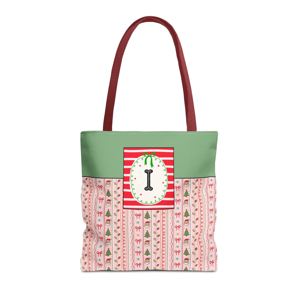 Colorful Christmas Tote Bag with Cute Doodles and Initial or Letter, Sweet Cottagecore Matching Holiday Tote Bag for Sisters or Family: I - Opal and June