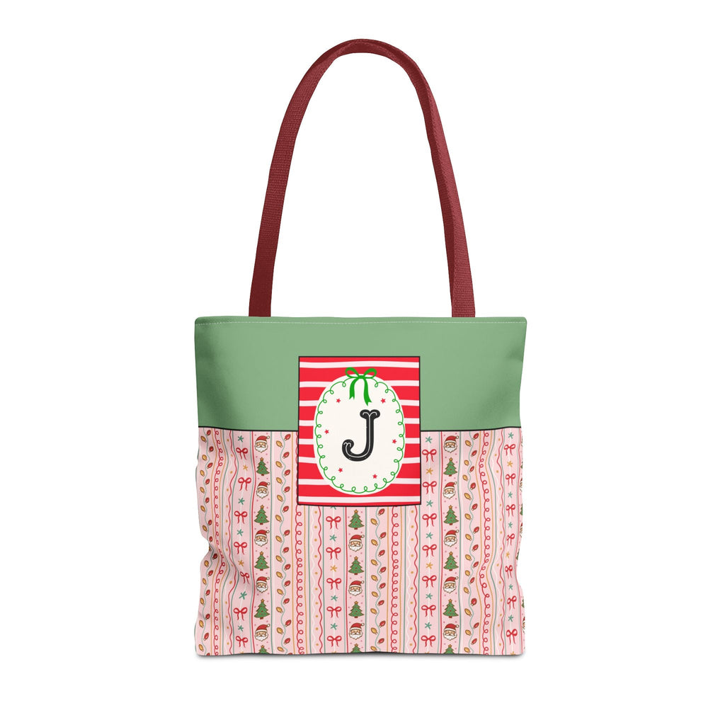 Colorful Christmas Tote Bag with Cute Doodles and Initial or Letter, Sweet Cottagecore Matching Holiday Tote Bag for Sisters or Family: J - Opal and June