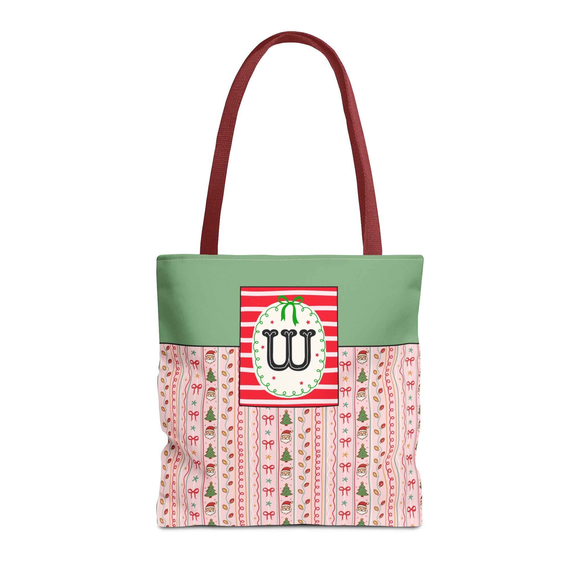 Colorful Christmas Tote Bag with Cute Doodles and Initial or Letter, Sweet Cottagecore Matching Holiday Tote Bag for Sisters or Family: W - Opal and June