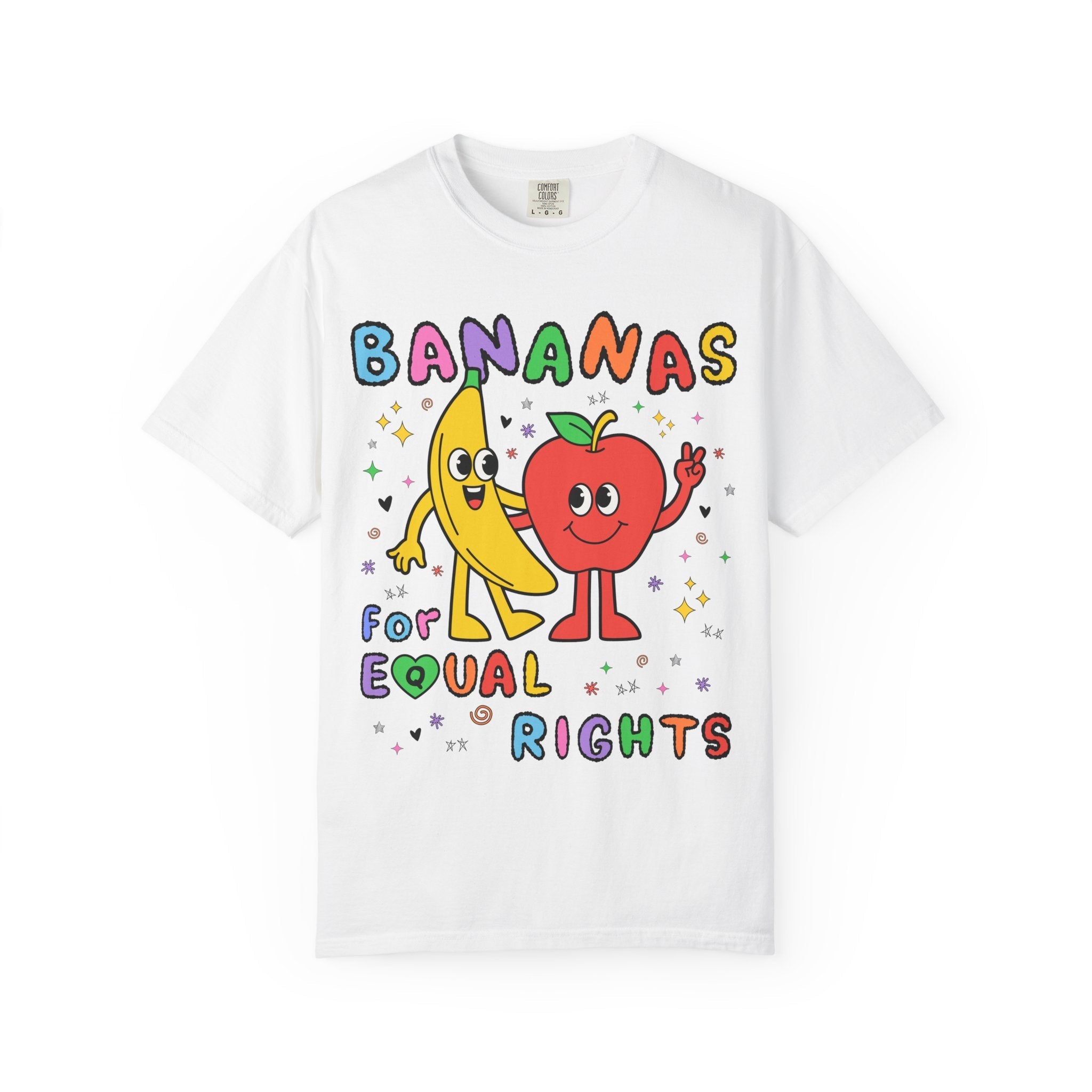 Colorful Equal Rights Tee Shirt with Funny Saying: Bananas for Equal Rights, Cute Fruit Lover T-Shirt for Pride Month, Proud LGBTQ+ Ally - Opal and June