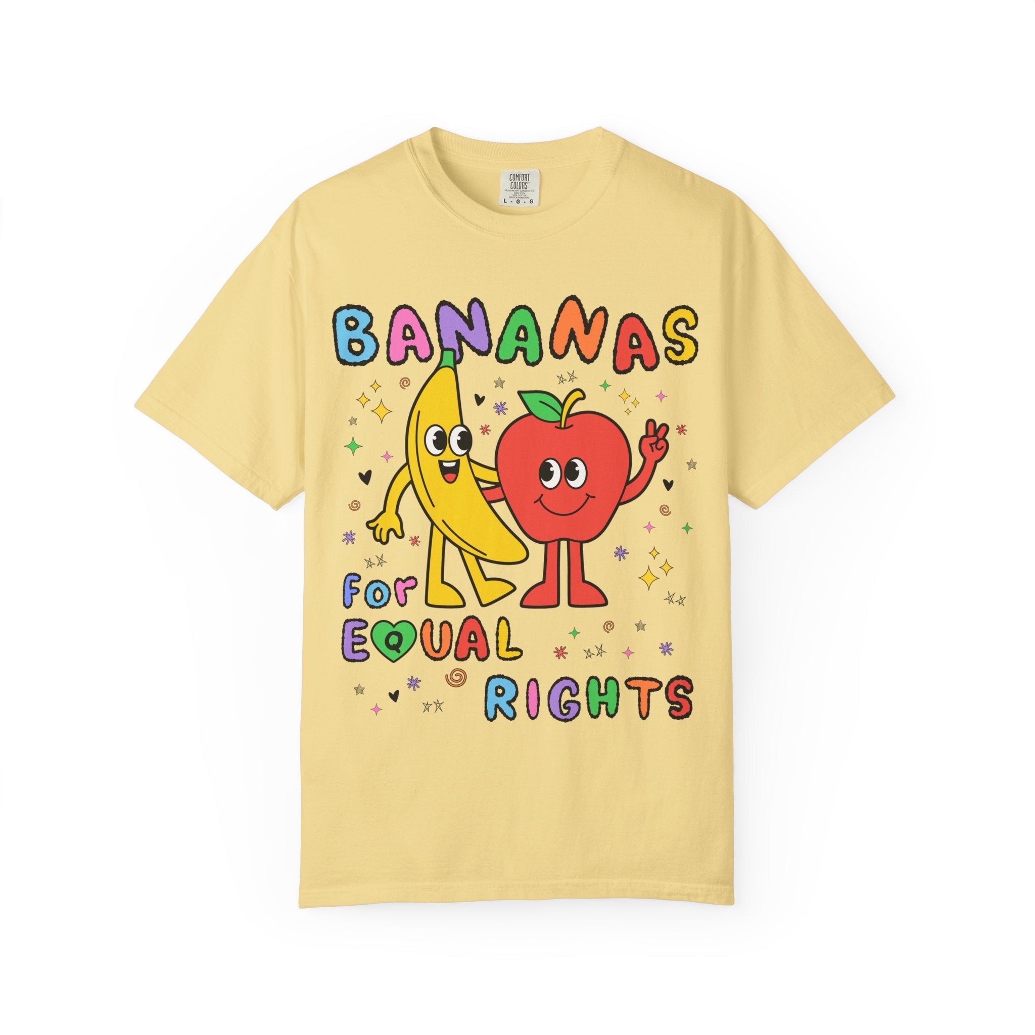 Colorful Equal Rights Tee Shirt with Funny Saying: Bananas for Equal Rights, Cute Fruit Lover T-Shirt for Pride Month, Proud LGBTQ+ Ally - Opal and June