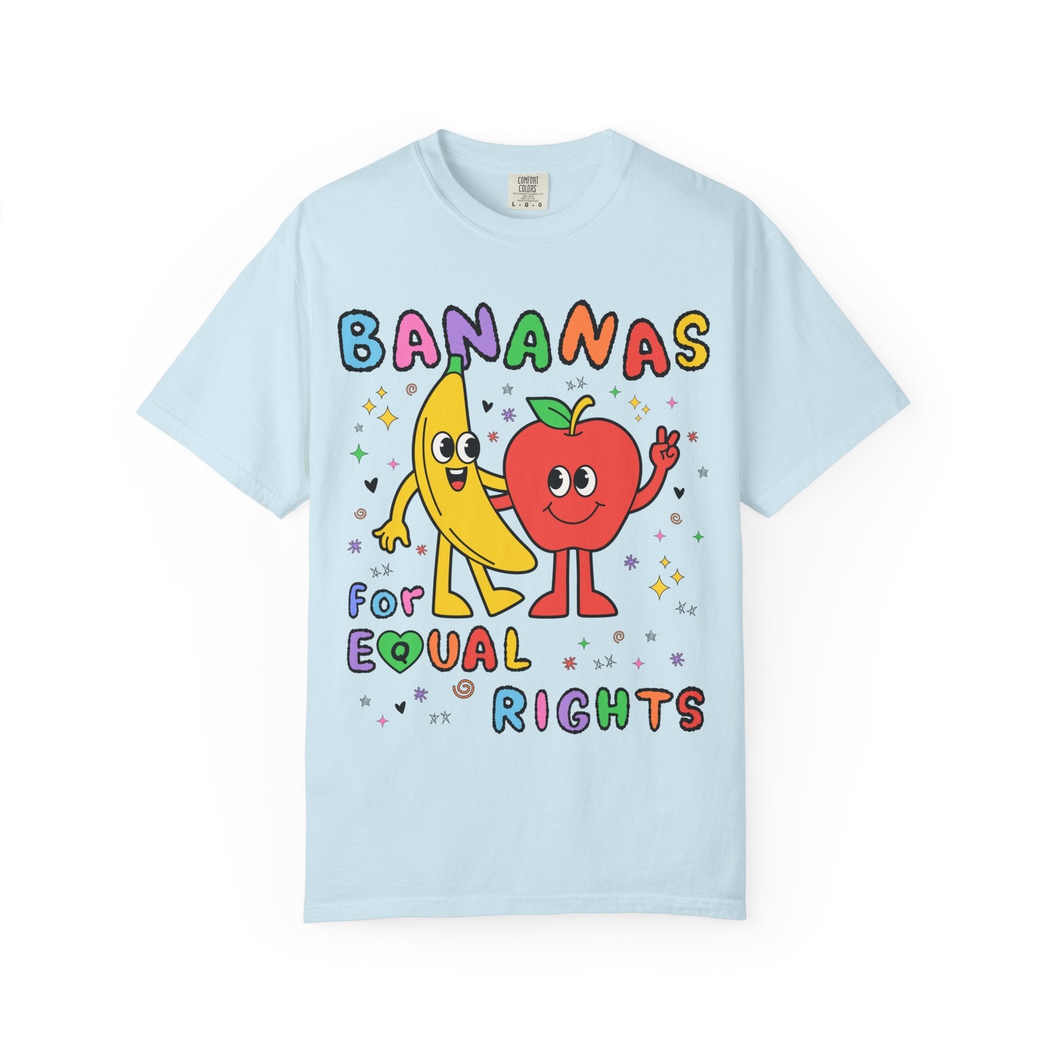 Colorful Equal Rights Tee Shirt with Funny Saying: Bananas for Equal Rights, Cute Fruit Lover T-Shirt for Pride Month, Proud LGBTQ+ Ally - Opal and June
