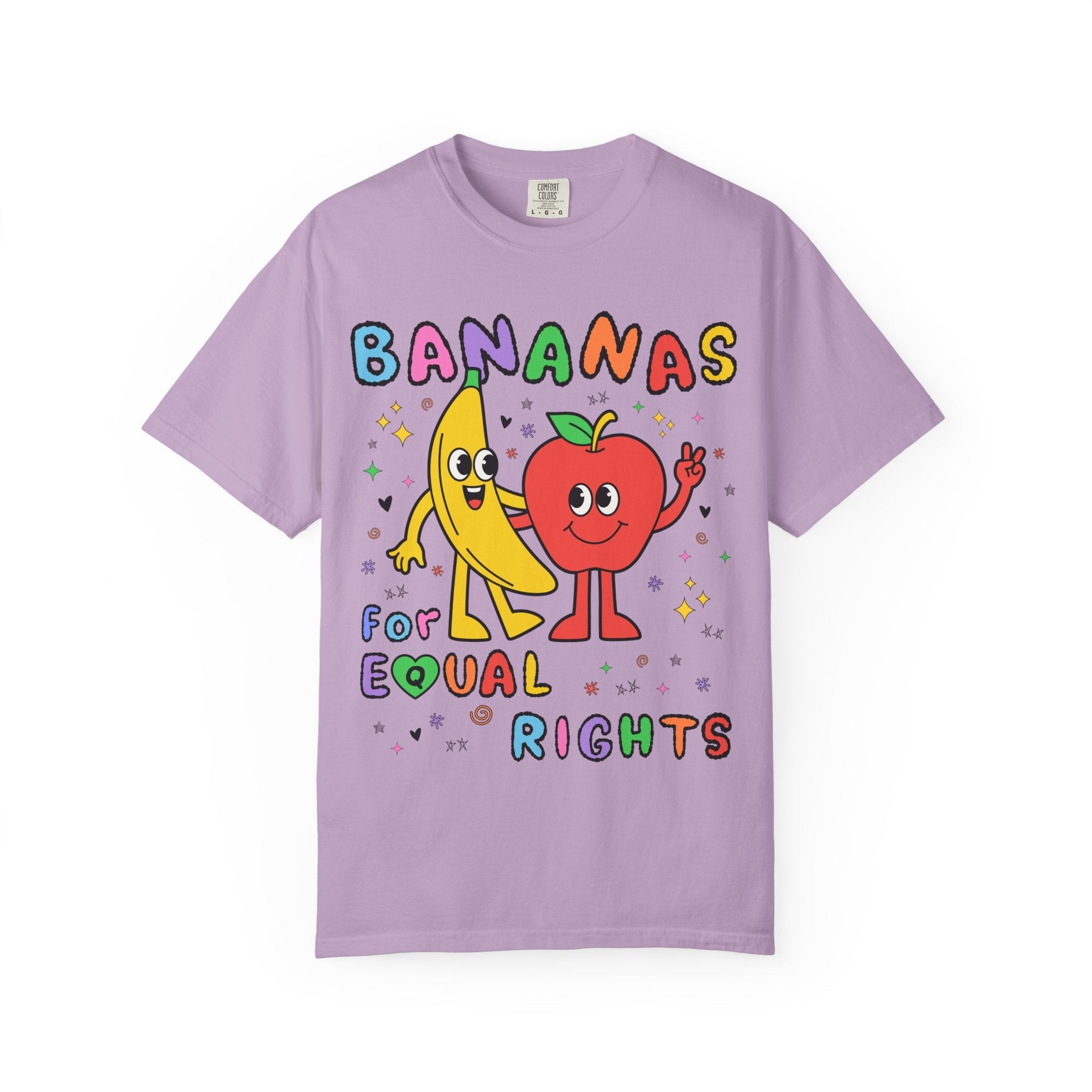 Colorful Equal Rights Tee Shirt with Funny Saying: Bananas for Equal Rights, Cute Fruit Lover T-Shirt for Pride Month, Proud LGBTQ+ Ally - Opal and June