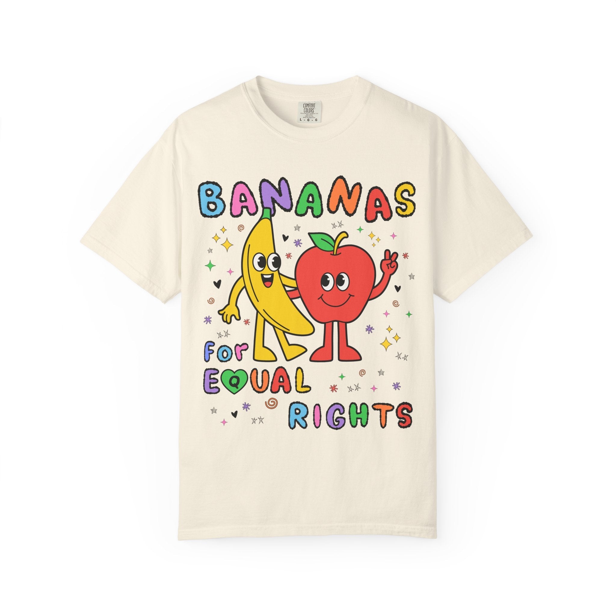Colorful Equal Rights Tee Shirt with Funny Saying: Bananas for Equal Rights, Cute Fruit Lover T-Shirt for Pride Month, Proud LGBTQ+ Ally - Opal and June