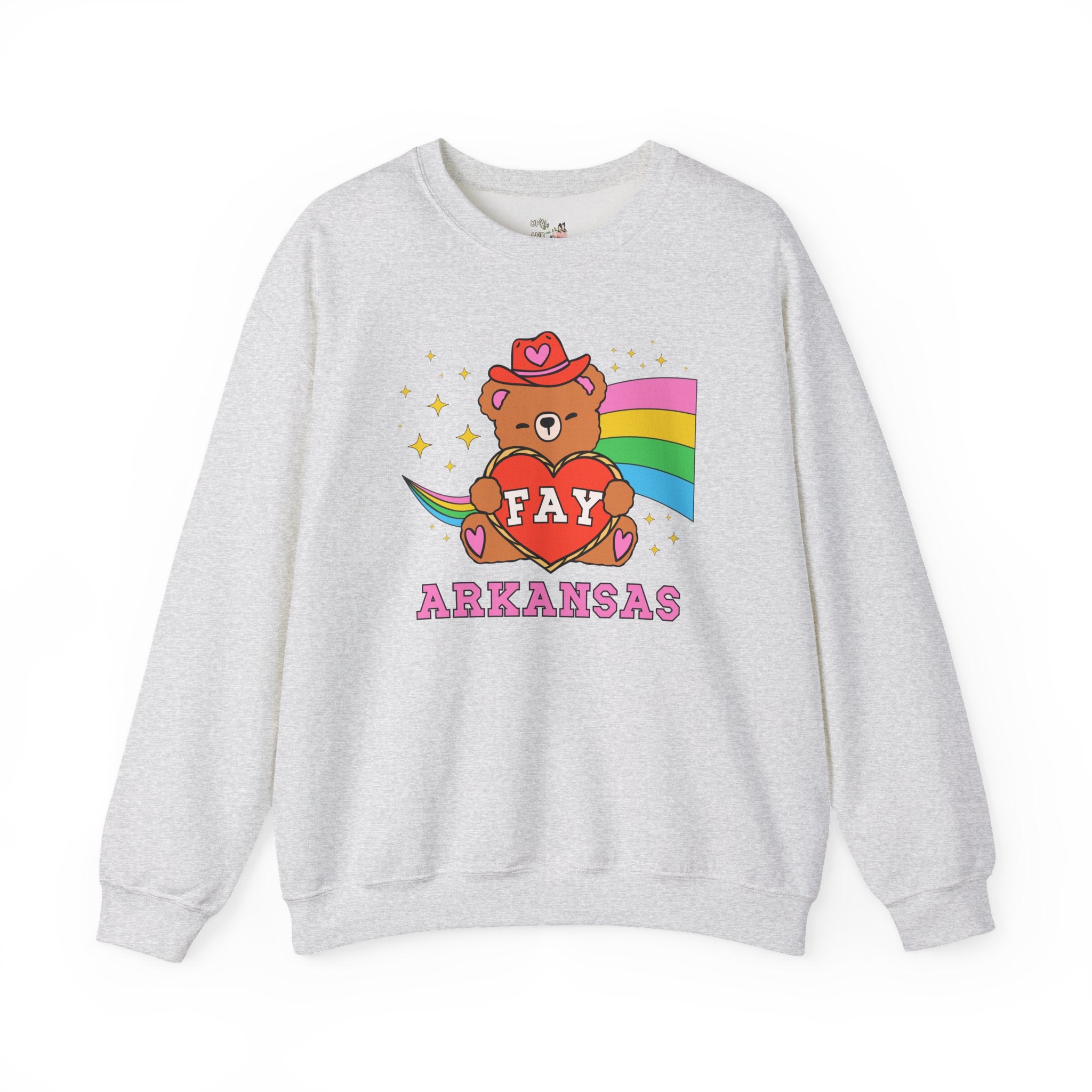 Colorful Fayetteville Arkansas Sweatshirt with Cute Cottagecore Bear, Western Aesthetic Rainbow Shirt, Friend Moving to Northwest Arkansas - Opal and June