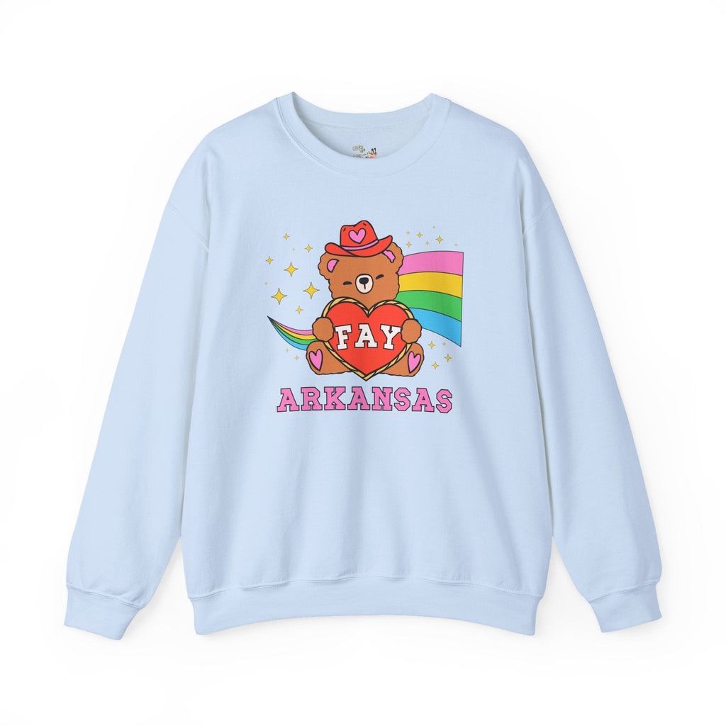Colorful Fayetteville Arkansas Sweatshirt with Cute Cottagecore Bear, Western Aesthetic Rainbow Shirt, Friend Moving to Northwest Arkansas - Opal and June