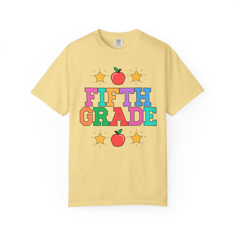 Colorful Fifth Grade Teacher Tee Shirt with Cute 90s Throwback Apple, First Day of School Teacher Team Shirt, Retro Back to School Tee - Opal and June