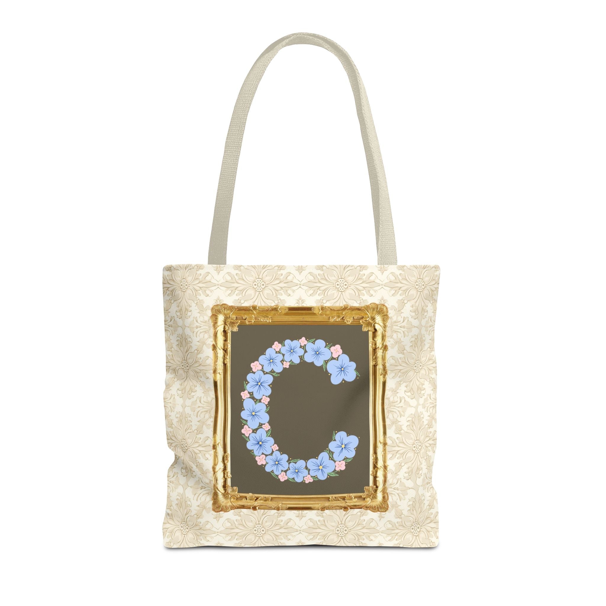 Colorful Floral Tote Bag with Framed Flower Letter, Boho Wildflower Vintage Aesthetic Tote Bag for Daughter or Co - Worker's Birthday: C - Opal and June