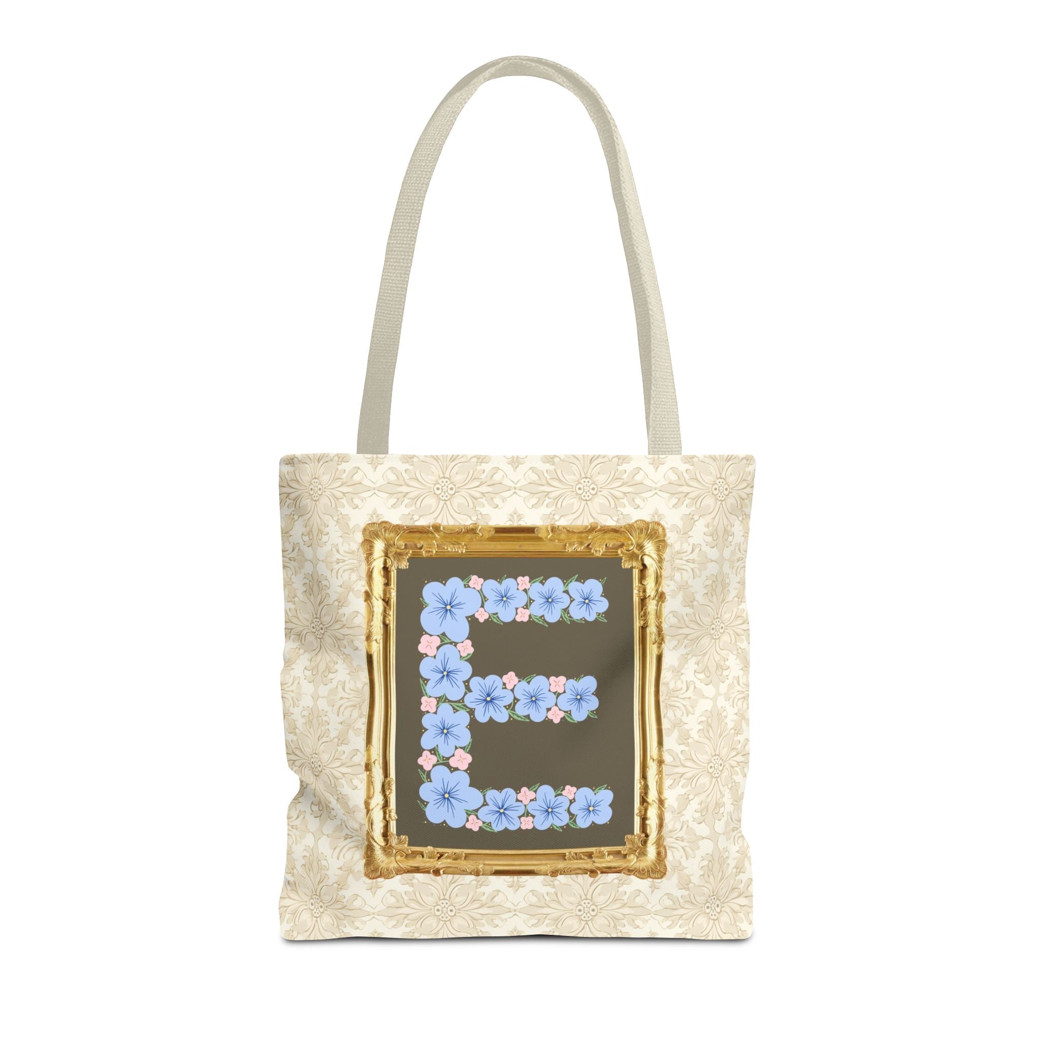 Colorful Floral Tote Bag with Framed Flower Letter, Boho Wildflower Vintage Aesthetic Tote Bag for Daughter or Co - Worker's Birthday: E - Opal and June