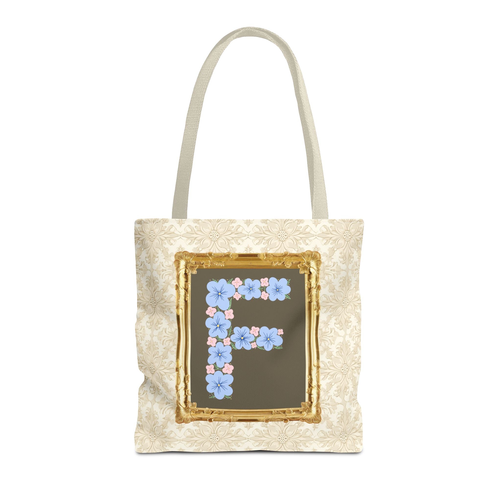 Colorful Floral Tote Bag with Framed Flower Letter, Boho Wildflower Vintage Aesthetic Tote Bag for Daughter or Co - Worker's Birthday: F - Opal and June