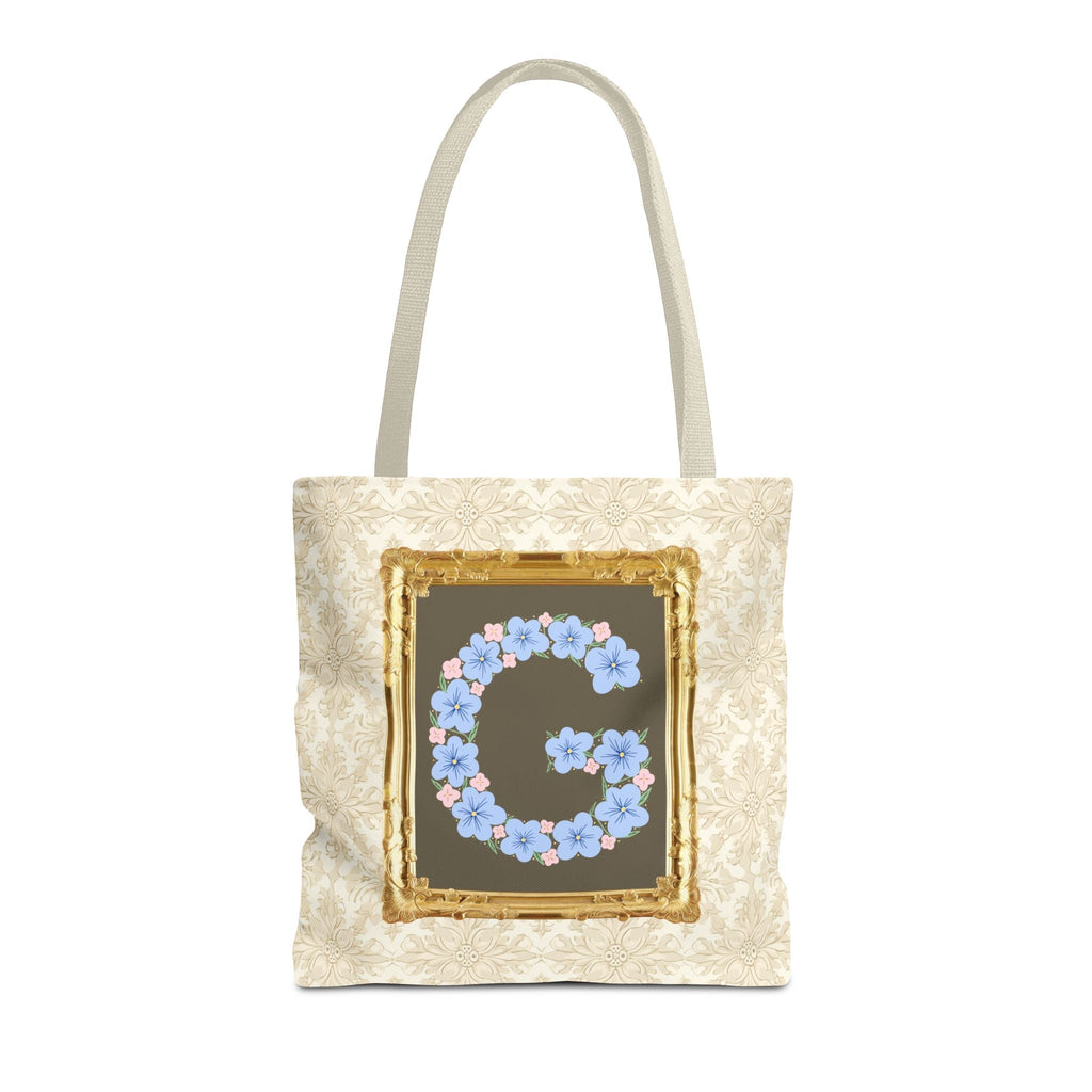 Colorful Floral Tote Bag with Framed Flower Letter, Boho Wildflower Vintage Aesthetic Tote Bag for Daughter or Co - Worker's Birthday: G - Opal and June
