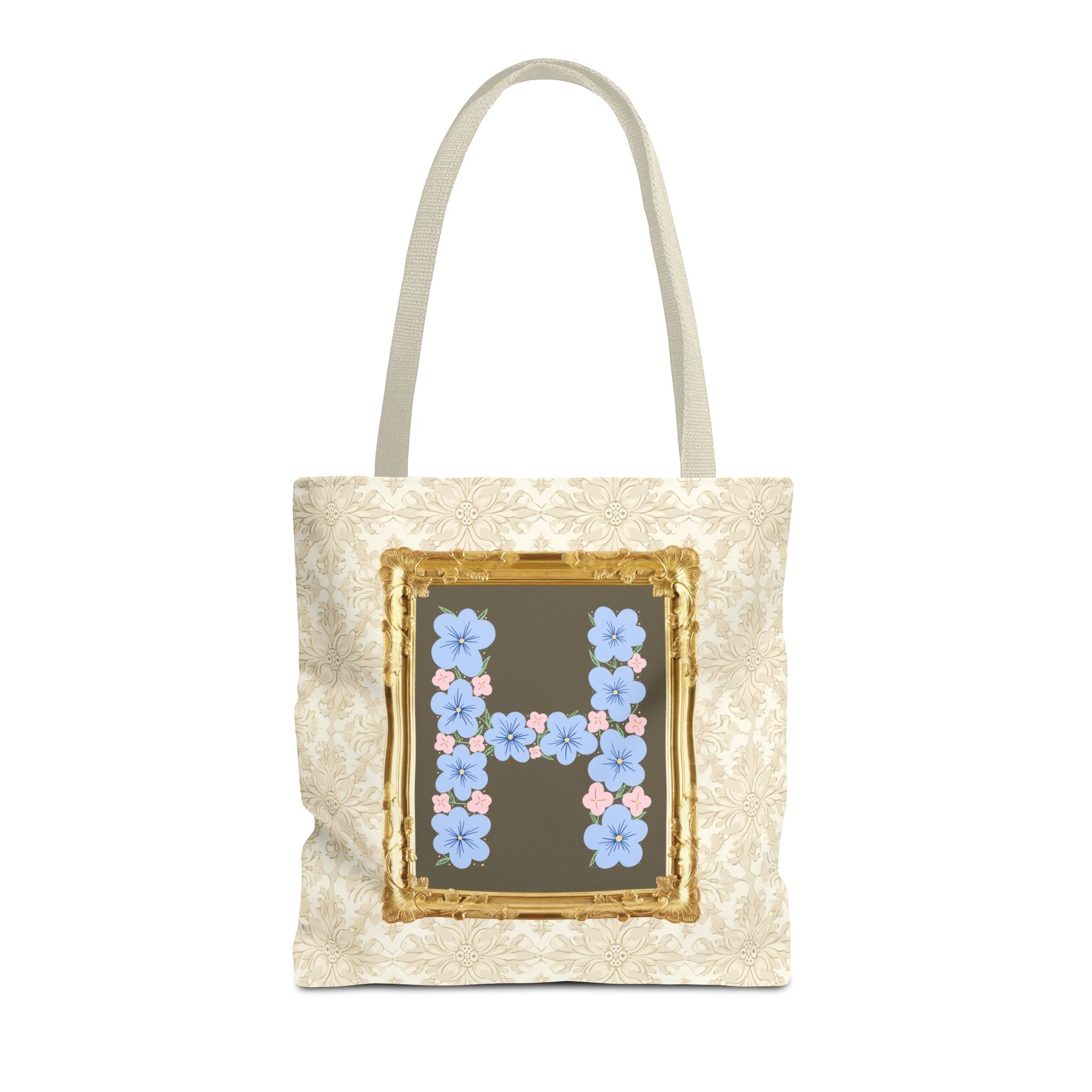 Colorful Floral Tote Bag with Framed Flower Letter, Boho Wildflower Vintage Aesthetic Tote Bag for Daughter or Co - Worker's Birthday: H - Opal and June