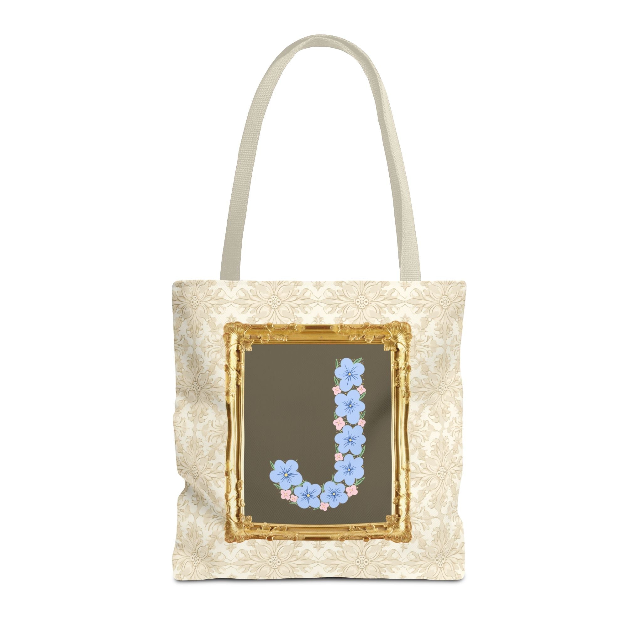 Colorful Floral Tote Bag with Framed Flower Letter, Boho Wildflower Vintage Aesthetic Tote Bag for Daughter or Co - Worker's Birthday: J - Opal and June