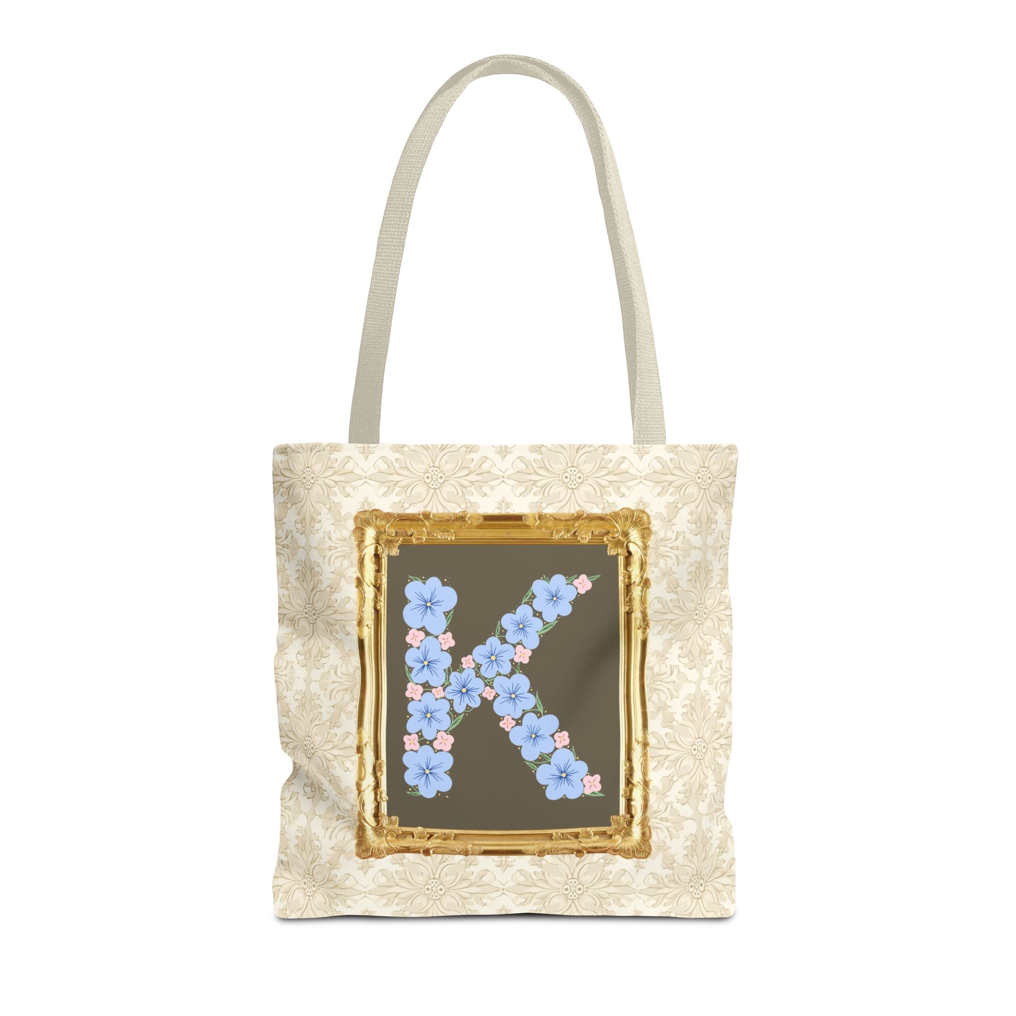 Colorful Floral Tote Bag with Framed Flower Letter, Boho Wildflower Vintage Aesthetic Tote Bag for Daughter or Co - Worker's Birthday: K - Opal and June