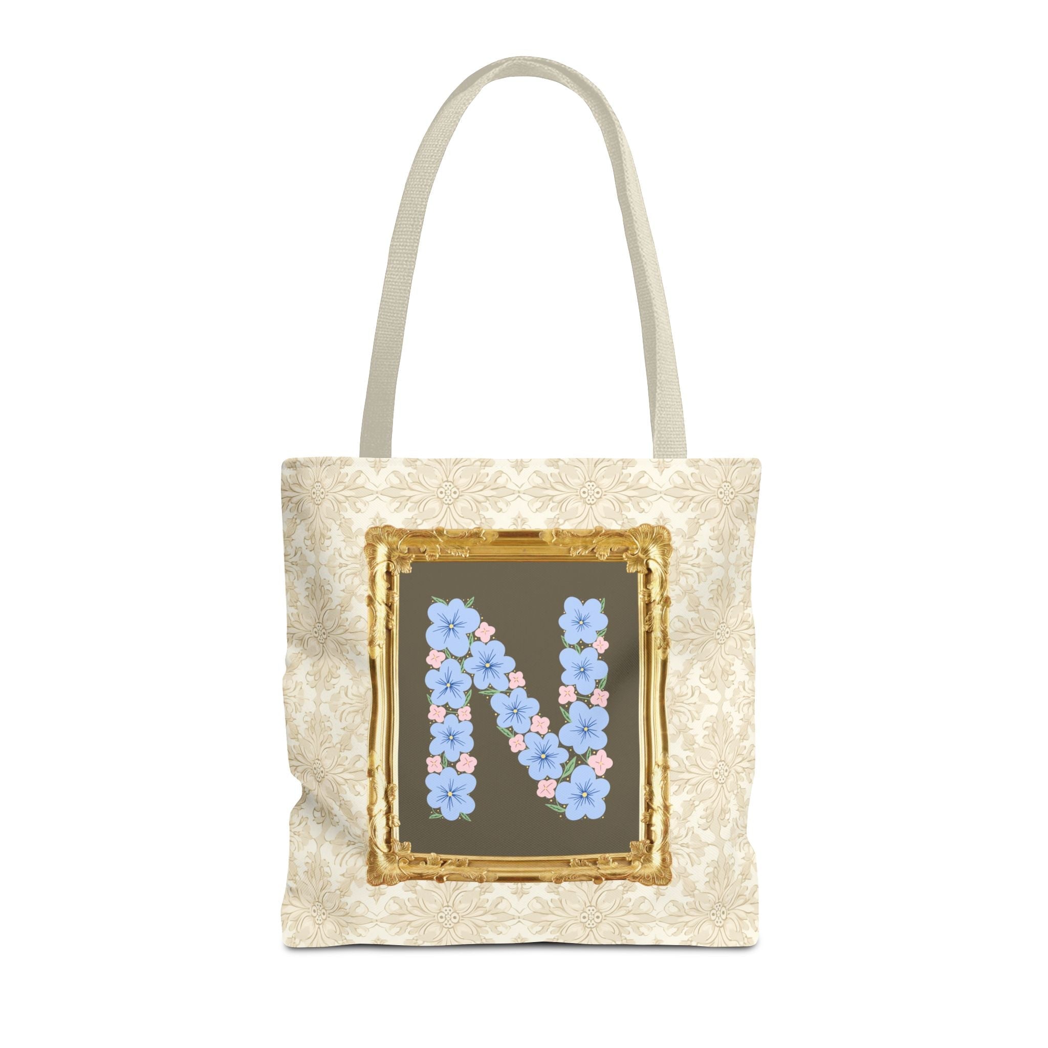 Colorful Floral Tote Bag with Framed Flower Letter, Boho Wildflower Vintage Aesthetic Tote Bag for Daughter or Co - Worker's Birthday: N - Opal and June