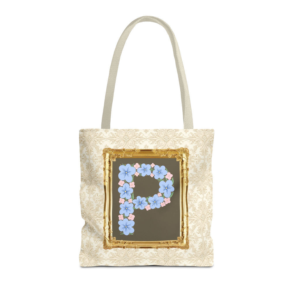 Colorful Floral Tote Bag with Framed Flower Letter, Boho Wildflower Vintage Aesthetic Tote Bag for Daughter or Co - Worker's Birthday: P - Opal and June