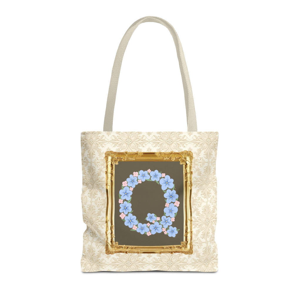 Colorful Floral Tote Bag with Framed Flower Letter, Boho Wildflower Vintage Aesthetic Tote Bag for Daughter or Co - Worker's Birthday: Q - Opal and June
