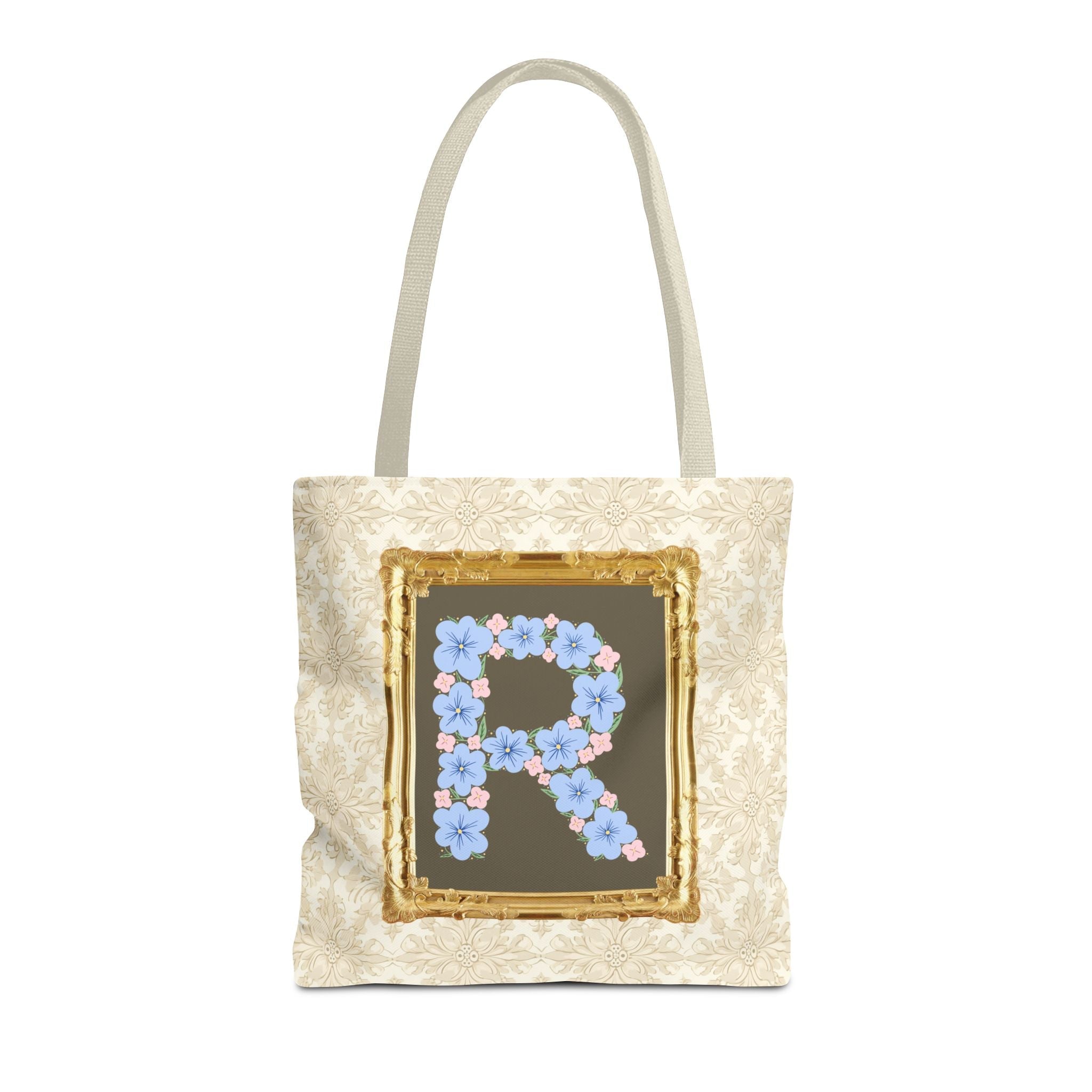 Colorful Floral Tote Bag with Framed Flower Letter, Boho Wildflower Vintage Aesthetic Tote Bag for Daughter or Co - Worker's Birthday: R - Opal and June