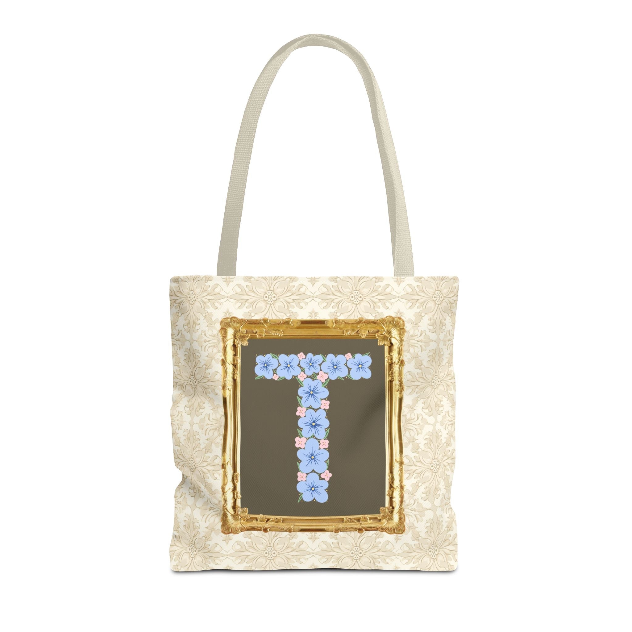 Colorful Floral Tote Bag with Framed Flower Letter, Boho Wildflower Vintage Aesthetic Tote Bag for Daughter or Co - Worker's Birthday: T - Opal and June