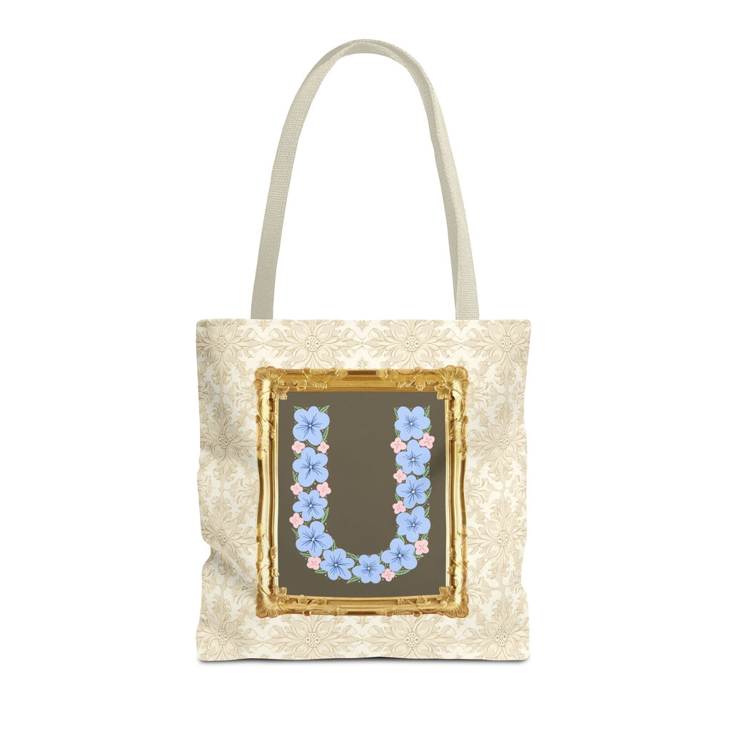 Colorful Floral Tote Bag with Framed Flower Letter, Boho Wildflower Vintage Aesthetic Tote Bag for Daughter or Co - Worker's Birthday: U - Opal and June