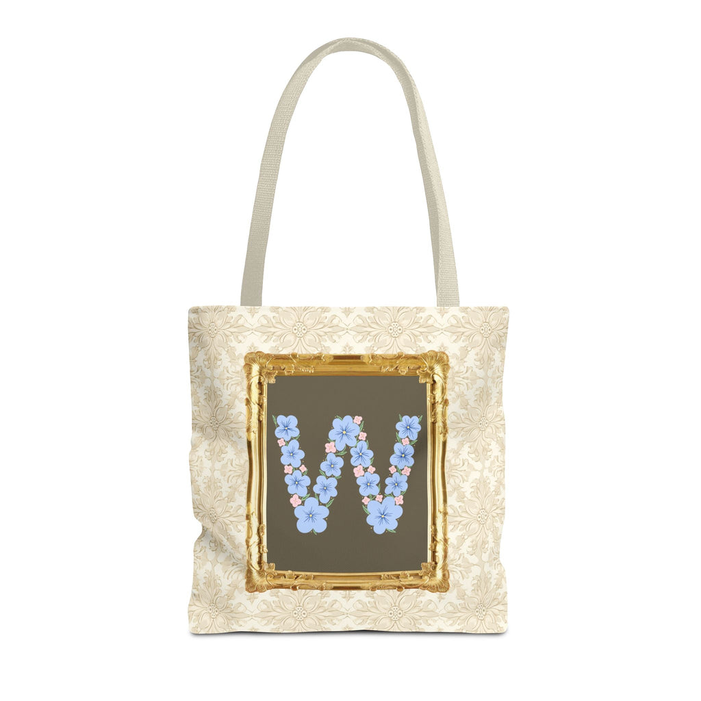 Colorful Floral Tote Bag with Framed Flower Letter, Boho Wildflower Vintage Aesthetic Tote Bag for Daughter or Co - Worker's Birthday: W - Opal and June