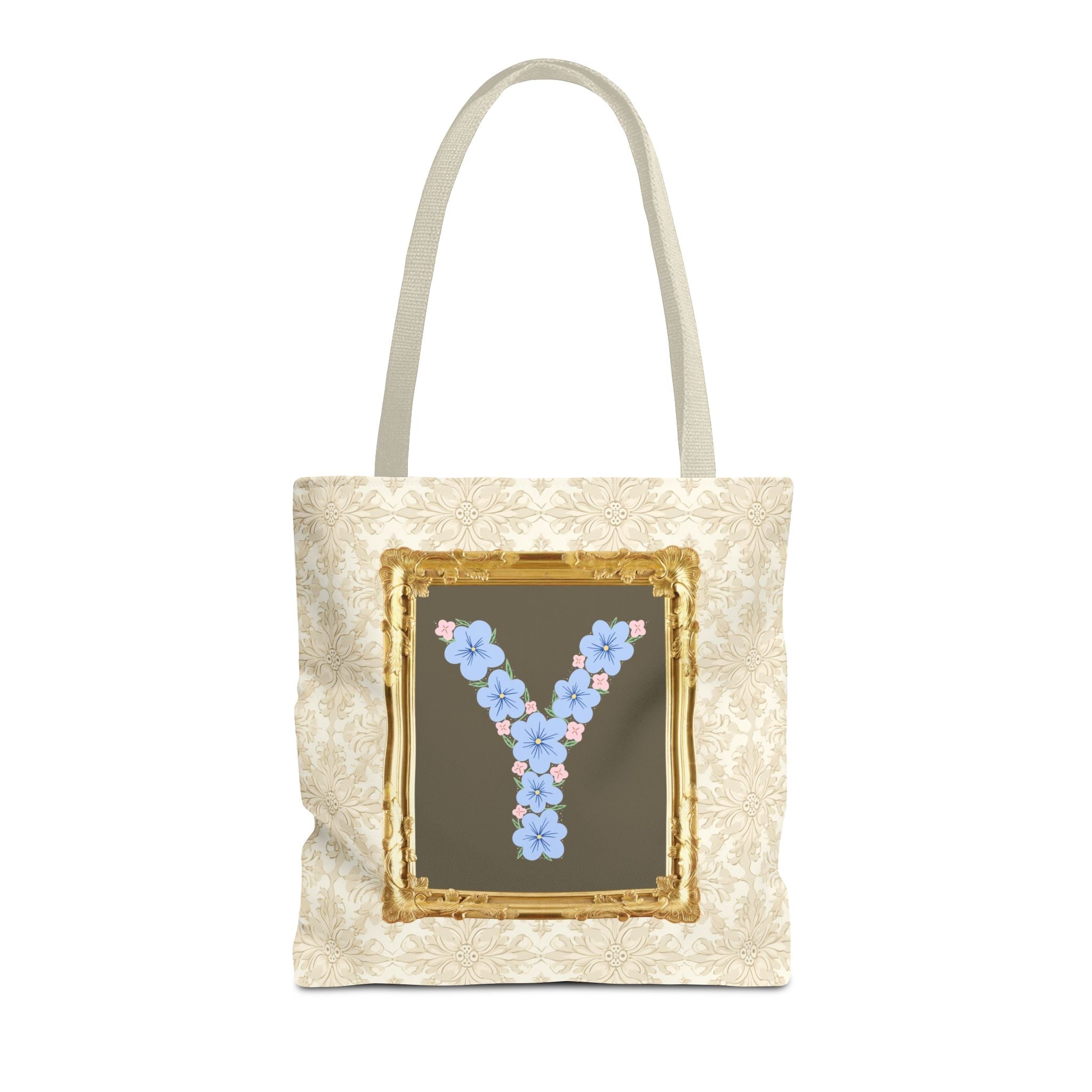 Colorful Floral Tote Bag with Framed Flower Letter, Boho Wildflower Vintage Aesthetic Tote Bag for Daughter or Co - Worker's Birthday: Y - Opal and June