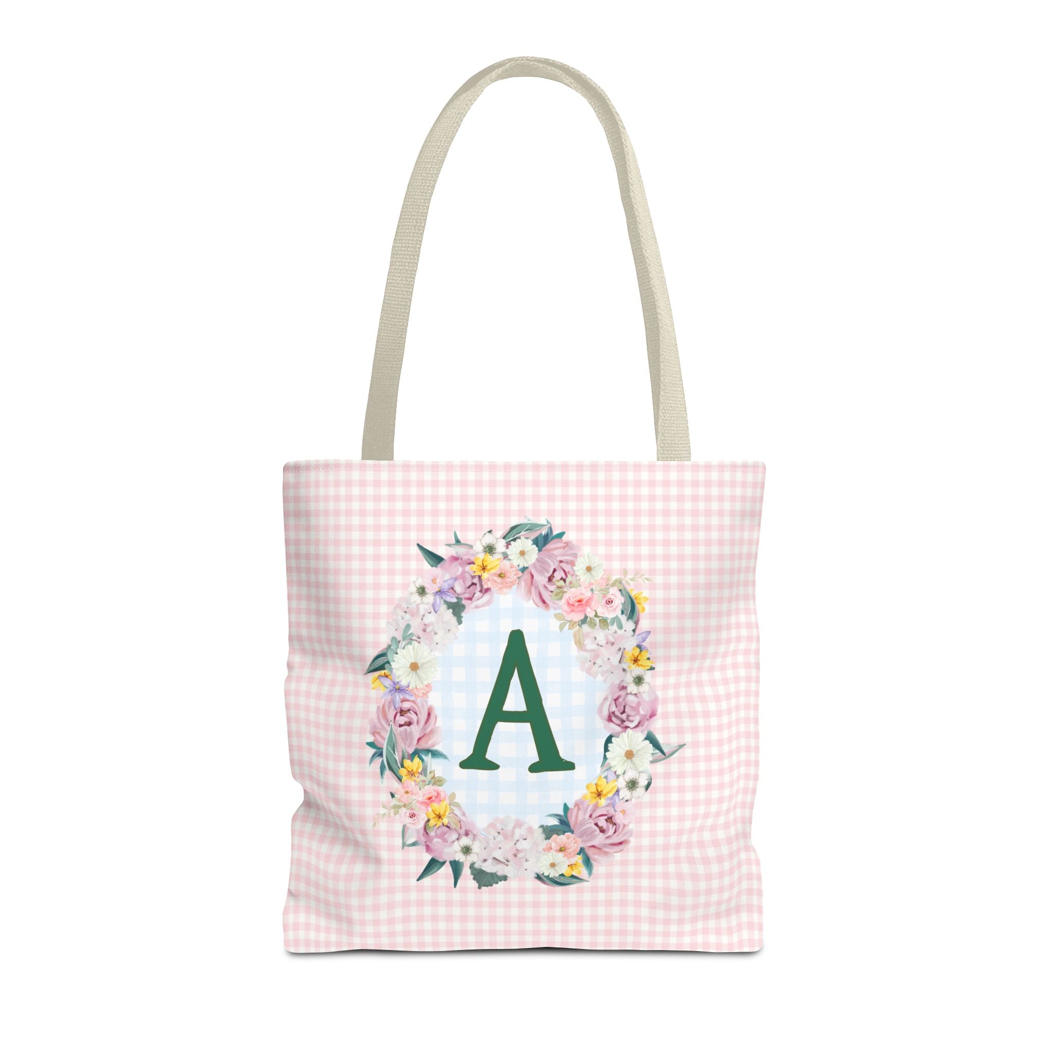 Colorful Floral Tote Bag with Initial and Cute Gingham Pattern, Pink and Green Tote Bag for Daughter or Sorority Sister, Birthday Gift: A - Opal and June